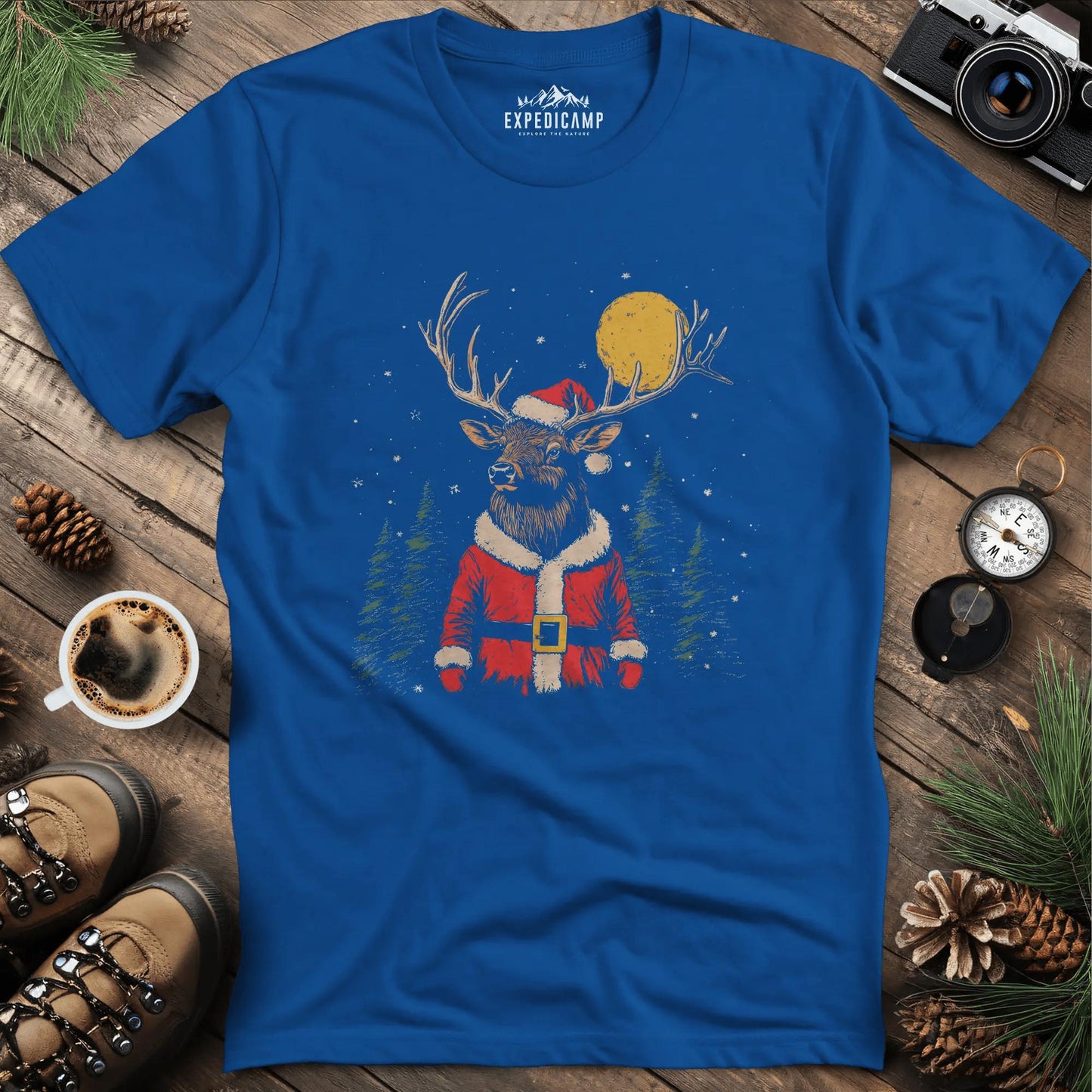 Festive Reindeer T-Shirt – Royal – Outdoor apparel for travel, hiking, camping, and nature lovers – ExpediCamp
