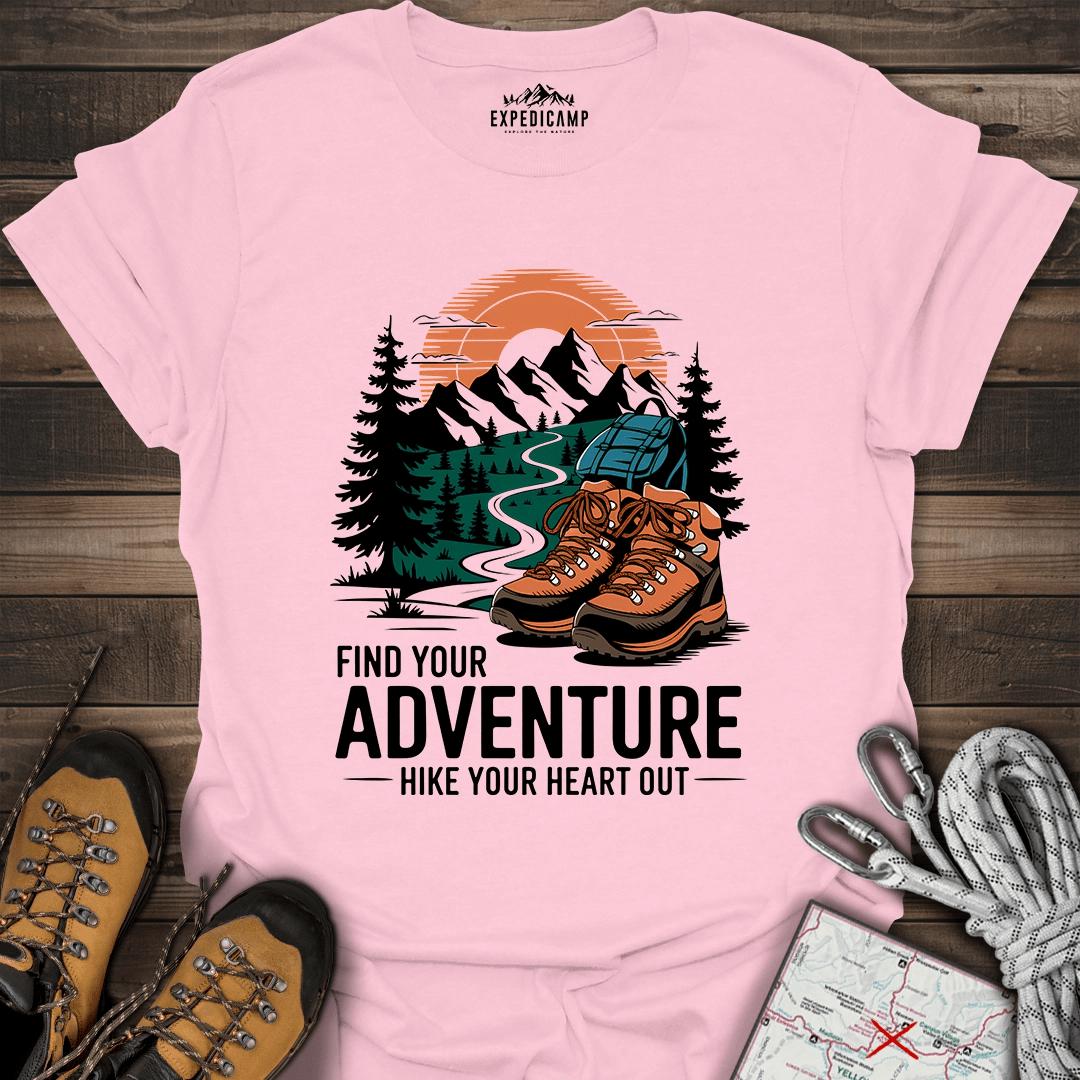 Find Your Adventure Hike Your Heart Out T-Shirt – Light Pink – Outdoor apparel for travel, hiking, camping, and nature lovers – ExpediCamp