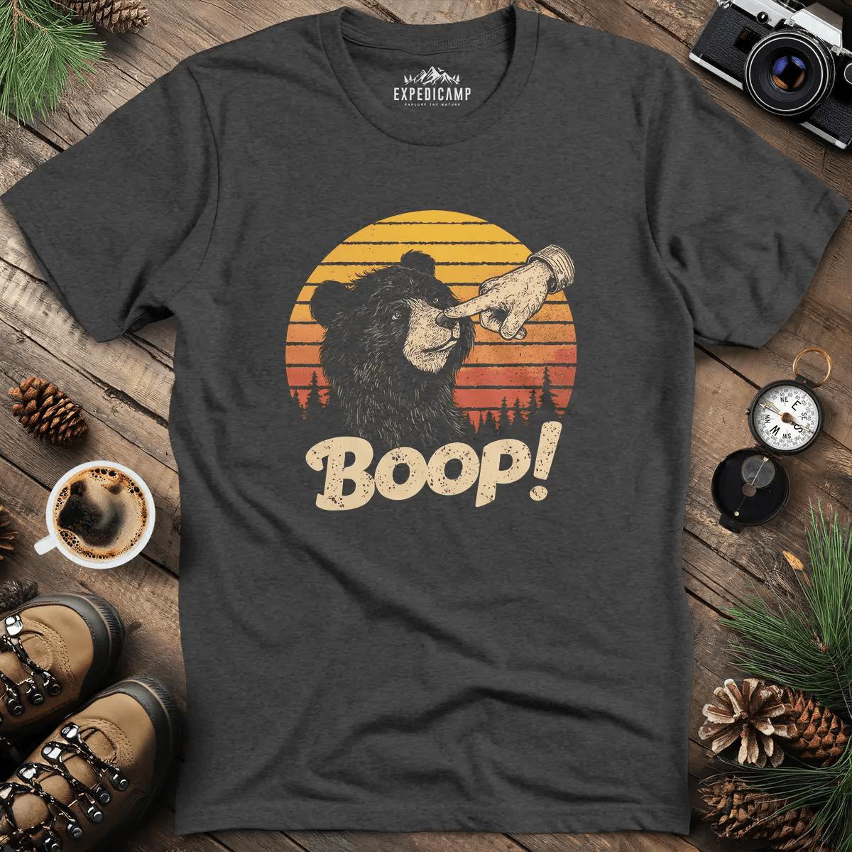 Finger Boop Bear T-Shirt – Dark Heather – Outdoor apparel for travel, hiking, camping, and nature lovers – ExpediCamp