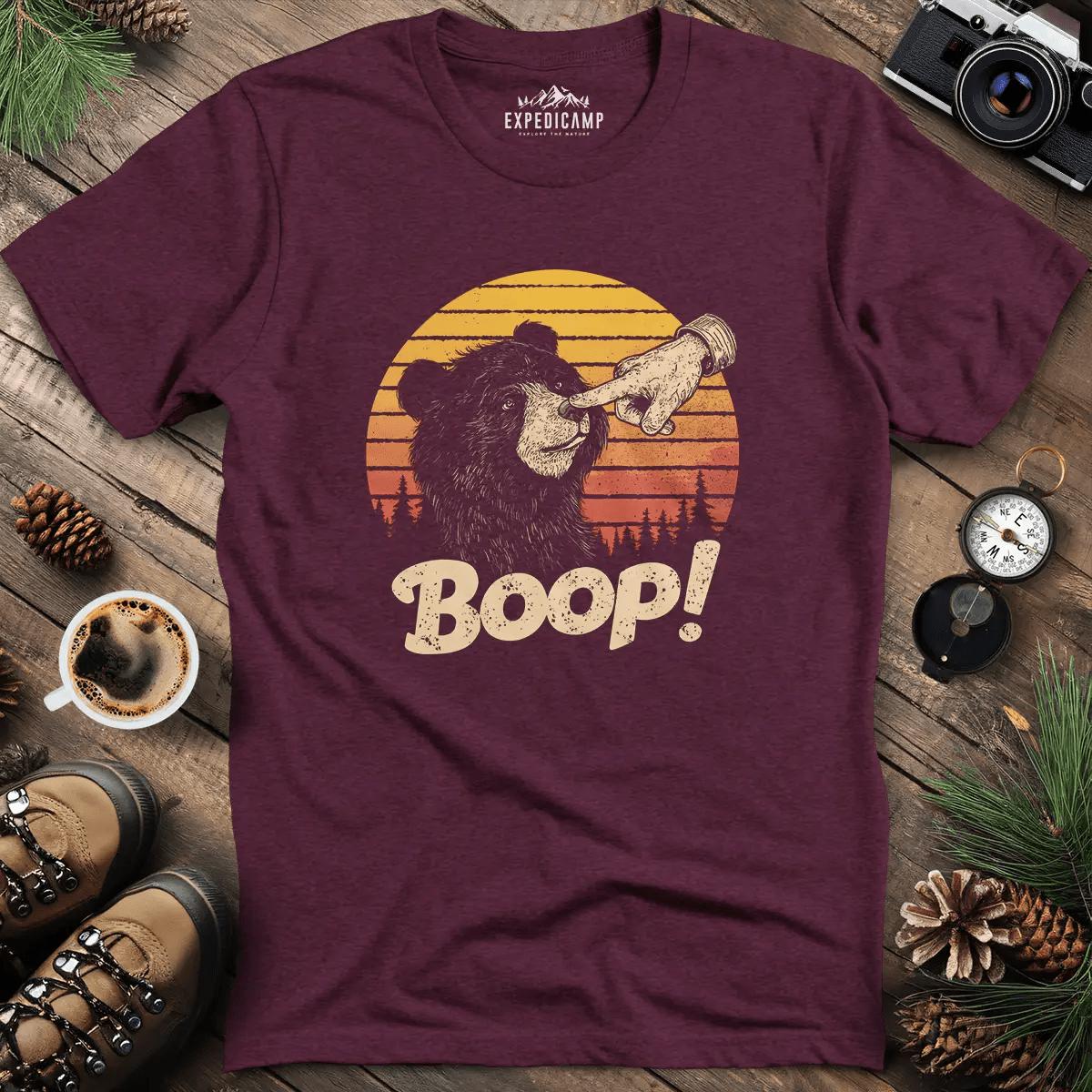 Finger Boop Bear T-Shirt – Heather Maroon – Outdoor apparel for travel, hiking, camping, and nature lovers – ExpediCamp