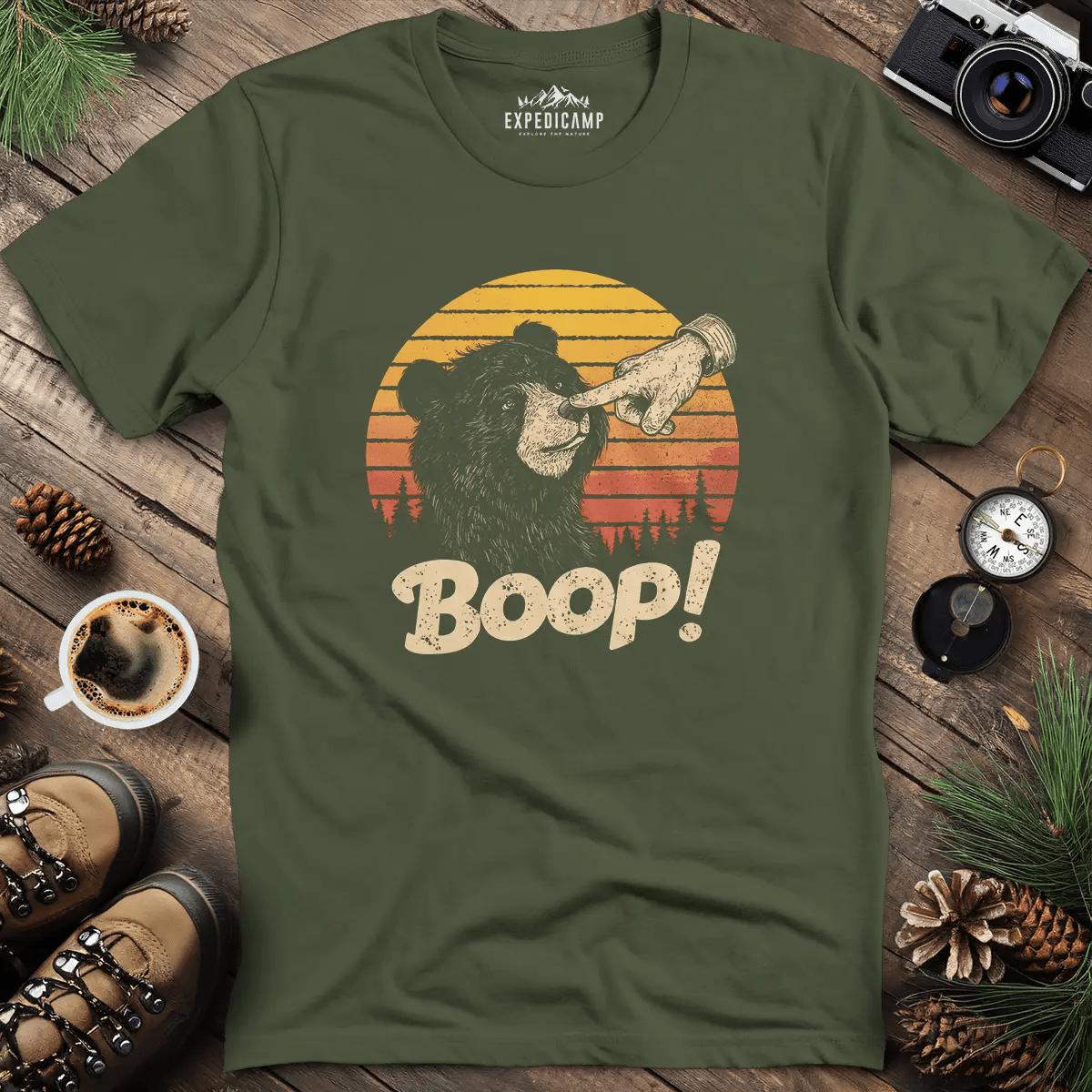 Finger Boop Bear T-Shirt – Military Green – Outdoor apparel for travel, hiking, camping, and nature lovers – ExpediCamp