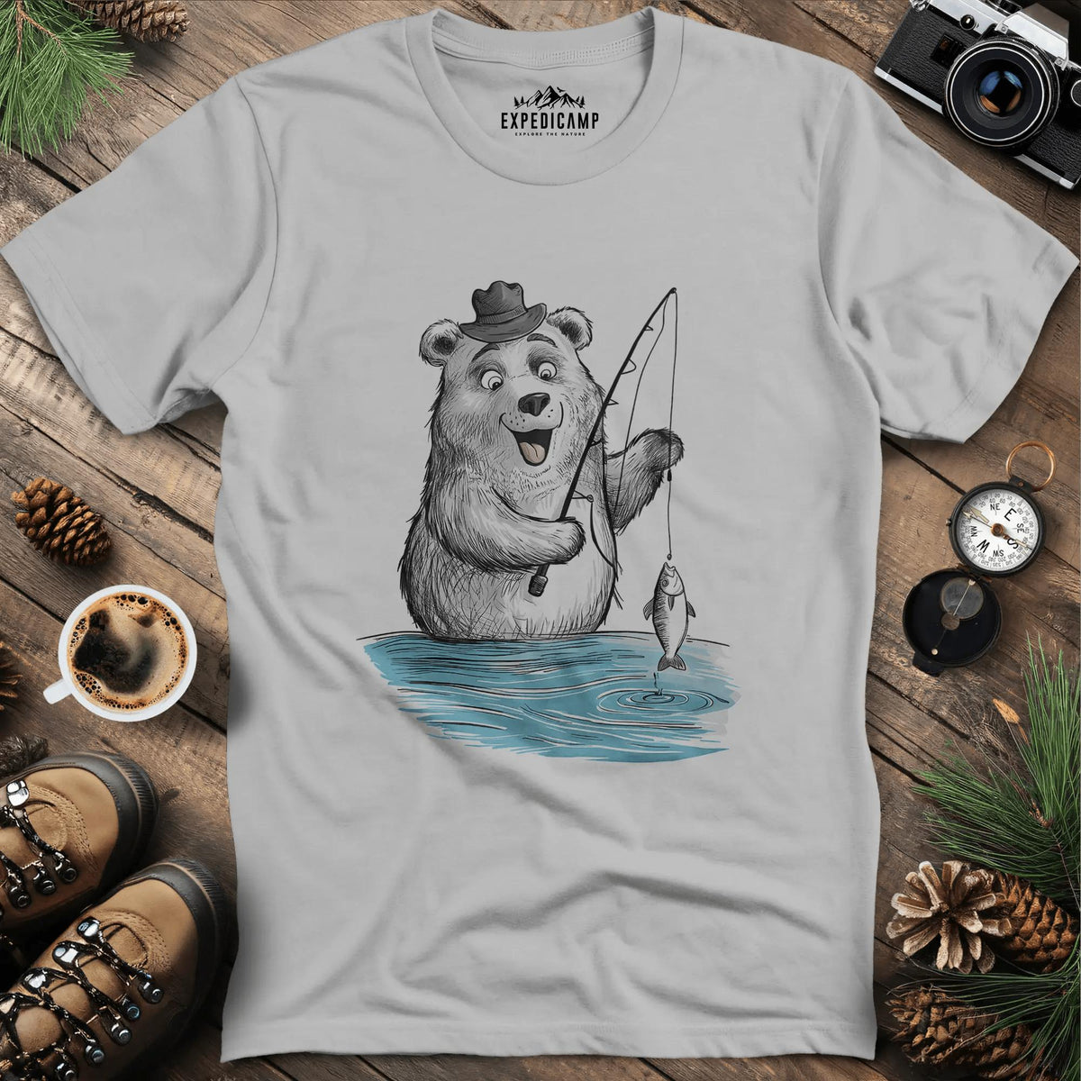 Fishing Bear Adventure T-Shirt – Ice Grey – Outdoor apparel for travel, hiking, camping, and nature lovers – ExpediCamp