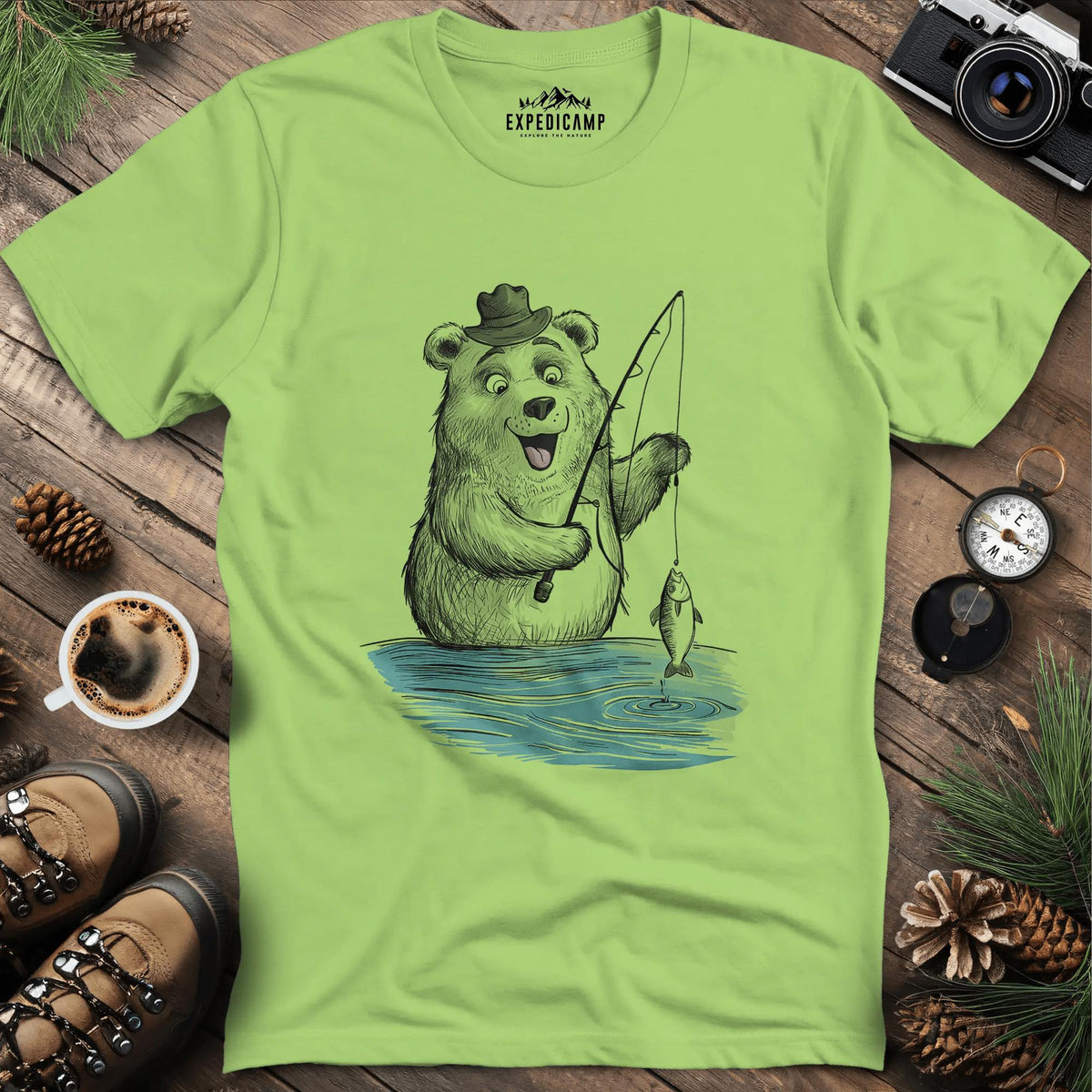 Fishing Bear Adventure T-Shirt – Kiwi – Outdoor apparel for travel, hiking, camping, and nature lovers – ExpediCamp