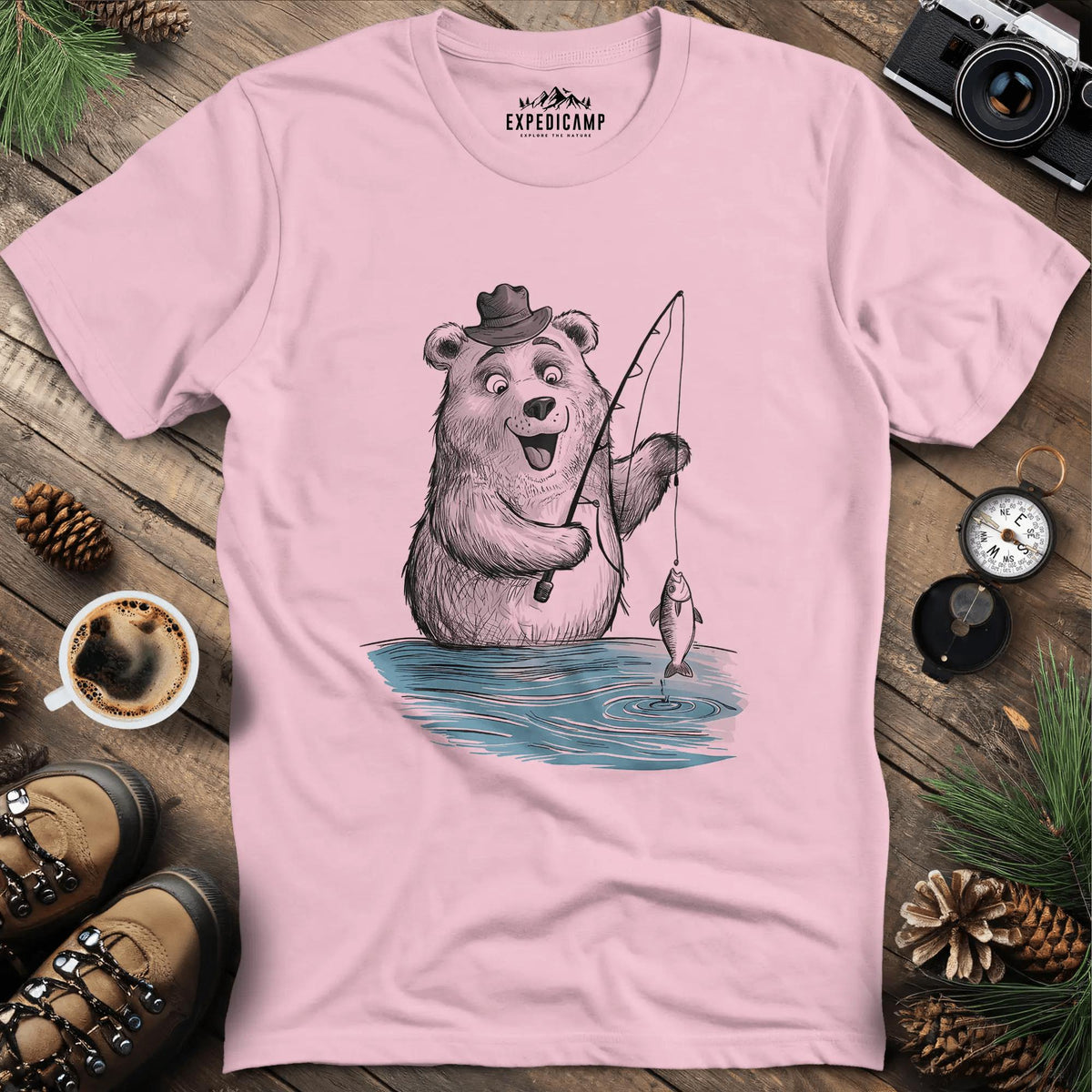 Fishing Bear Adventure T-Shirt – Light Pink – Outdoor apparel for travel, hiking, camping, and nature lovers – ExpediCamp