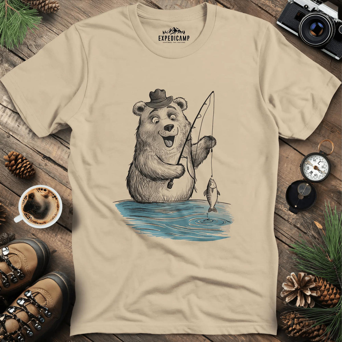 Fishing Bear Adventure T-Shirt – Sand – Outdoor apparel for travel, hiking, camping, and nature lovers – ExpediCamp
