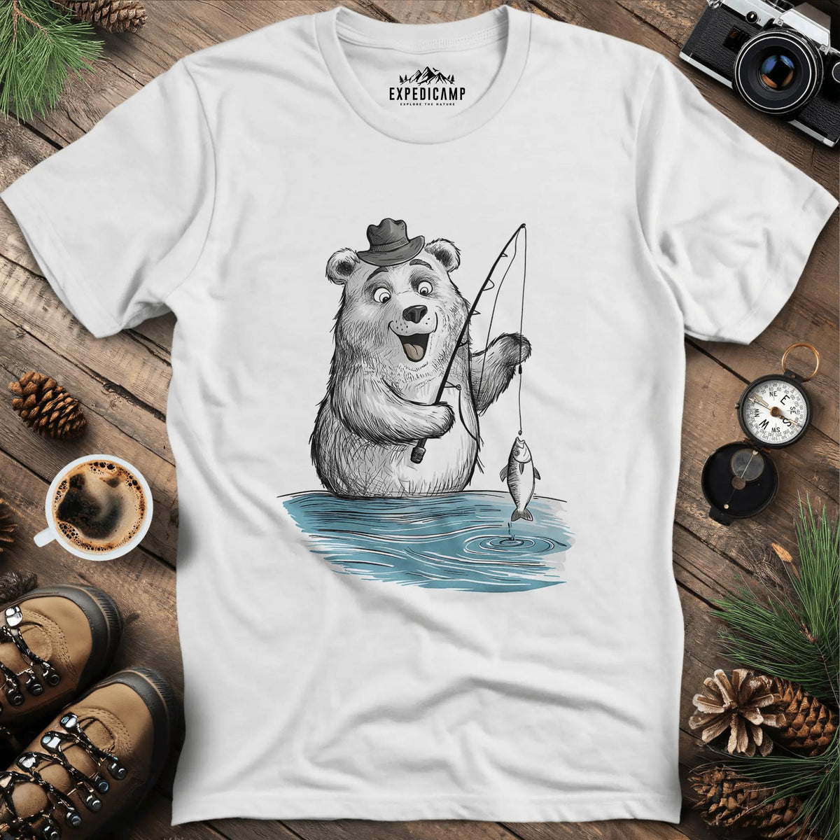 Fishing Bear Adventure T-Shirt – White – Outdoor apparel for travel, hiking, camping, and nature lovers – ExpediCamp