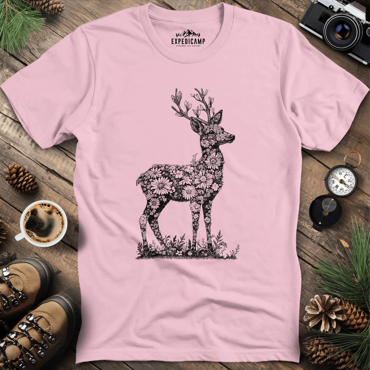 Floral Deer Illustration T-Shirt – Light Pink – Outdoor apparel for travel, hiking, camping, and nature lovers – ExpediCamp