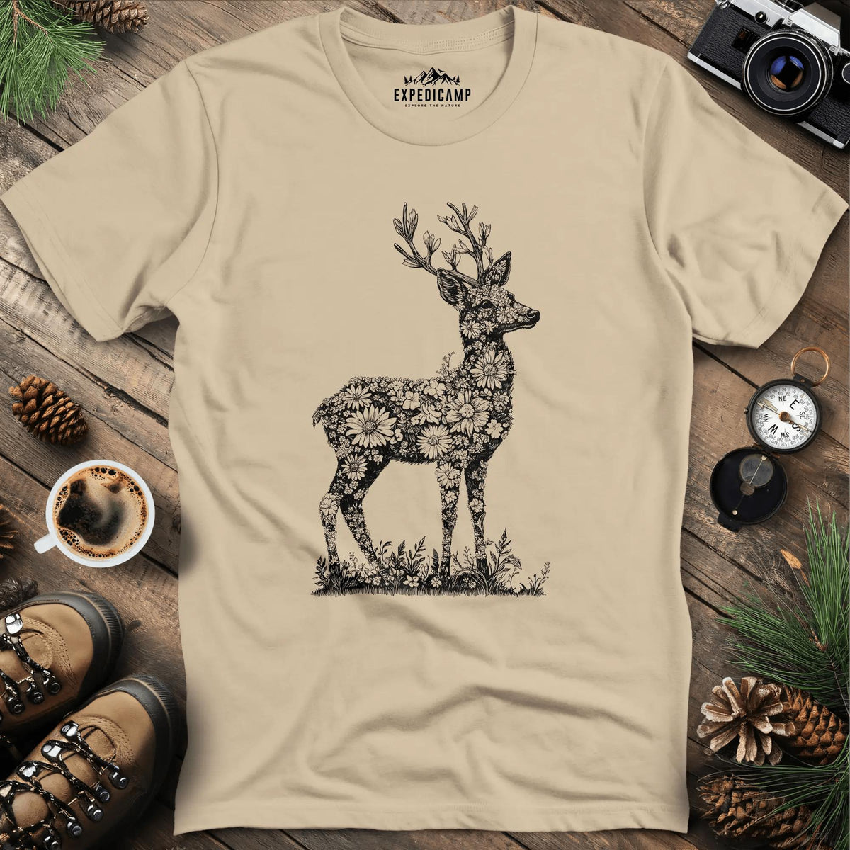 Floral Deer Illustration T-Shirt – Sand – Outdoor apparel for travel, hiking, camping, and nature lovers – ExpediCamp