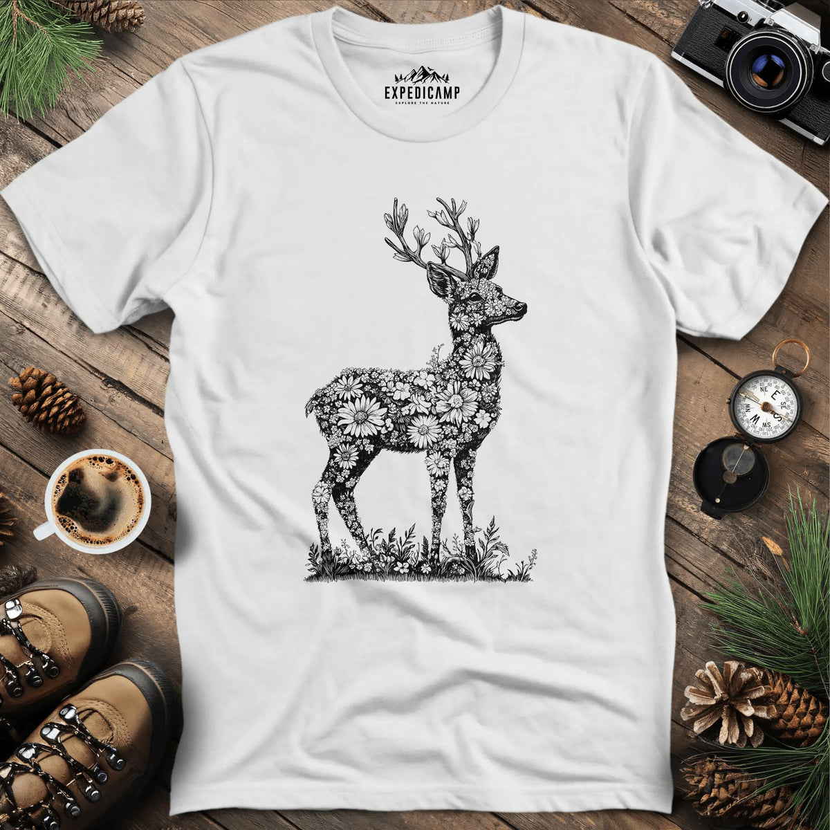 Floral Deer Illustration T-Shirt – White – Outdoor apparel for travel, hiking, camping, and nature lovers – ExpediCamp
