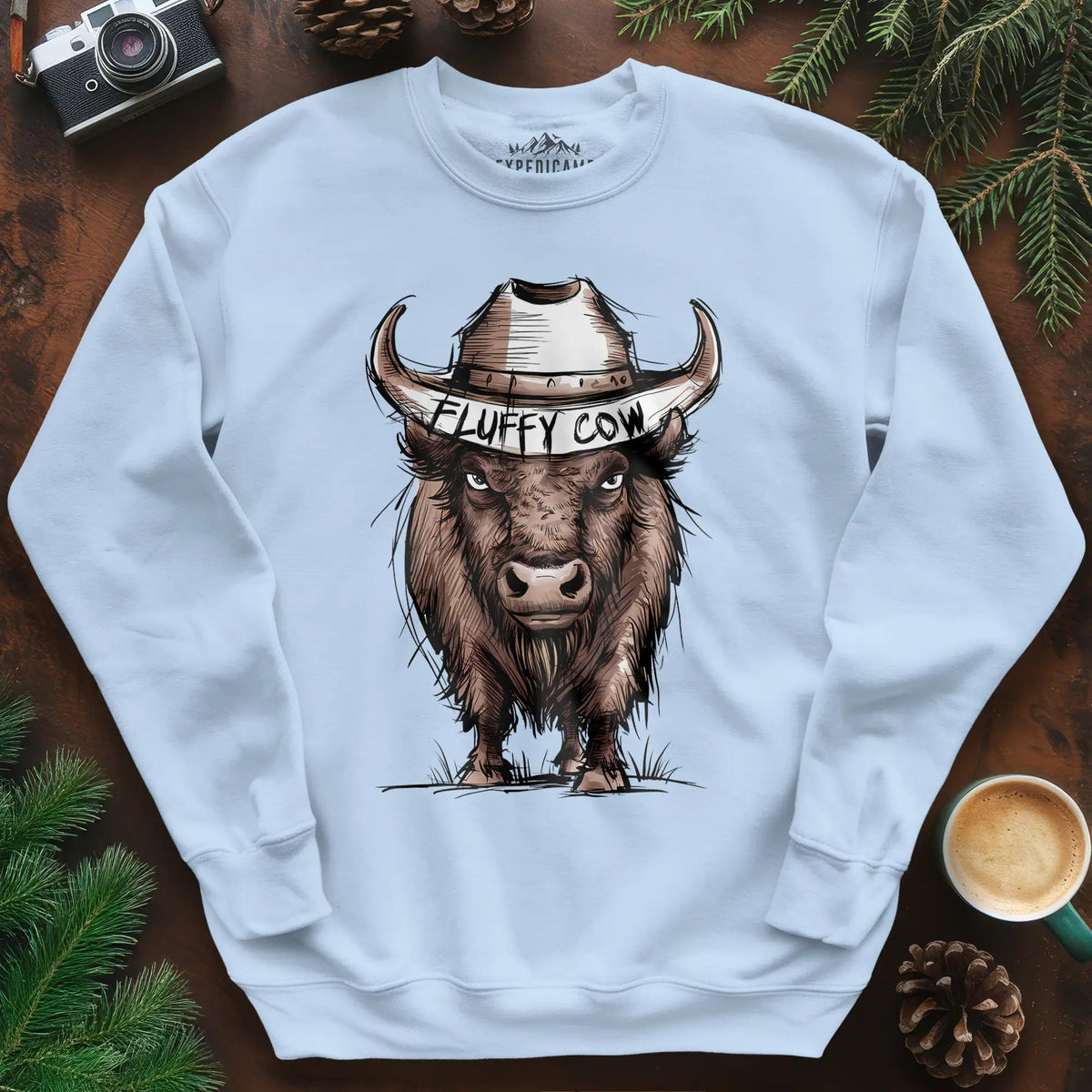 Fluffy Cow Sweatshirt – Light Blue – Outdoor apparel for travel, hiking, camping, and nature lovers – ExpediCamp
