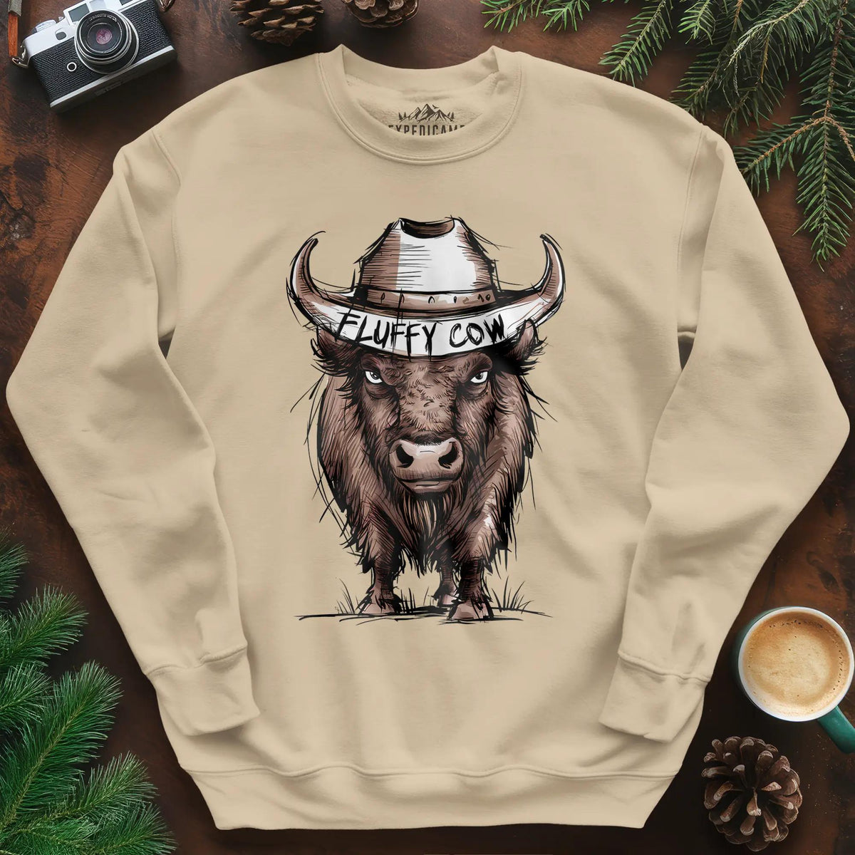 Fluffy Cow Sweatshirt – Sand – Outdoor apparel for travel, hiking, camping, and nature lovers – ExpediCamp