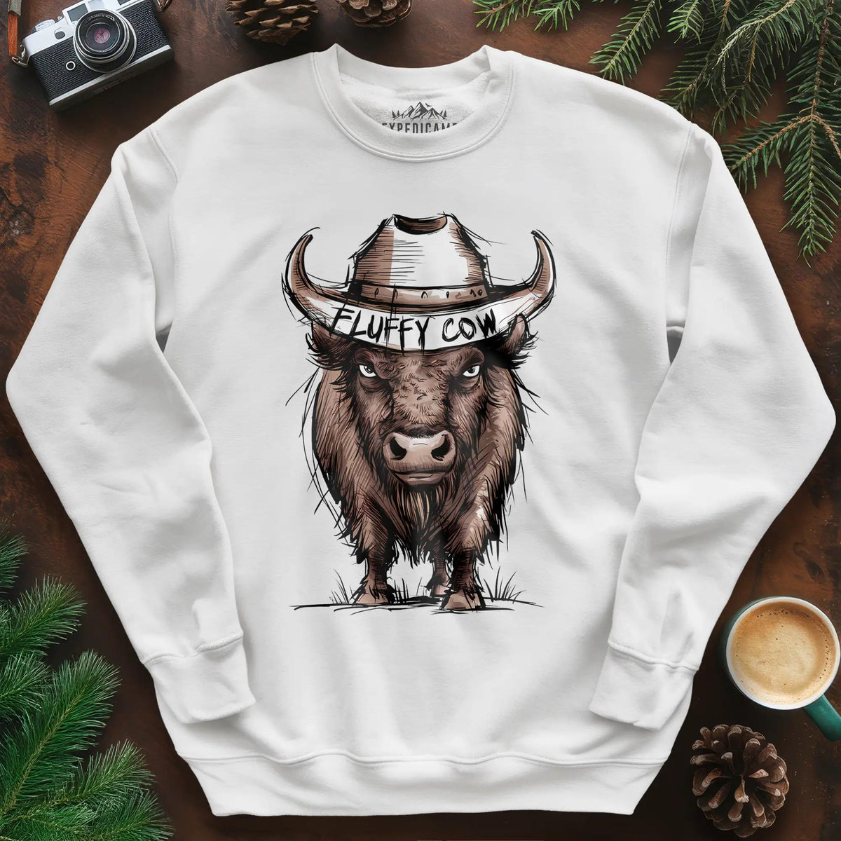 Fluffy Cow Sweatshirt – White – Outdoor apparel for travel, hiking, camping, and nature lovers – ExpediCamp