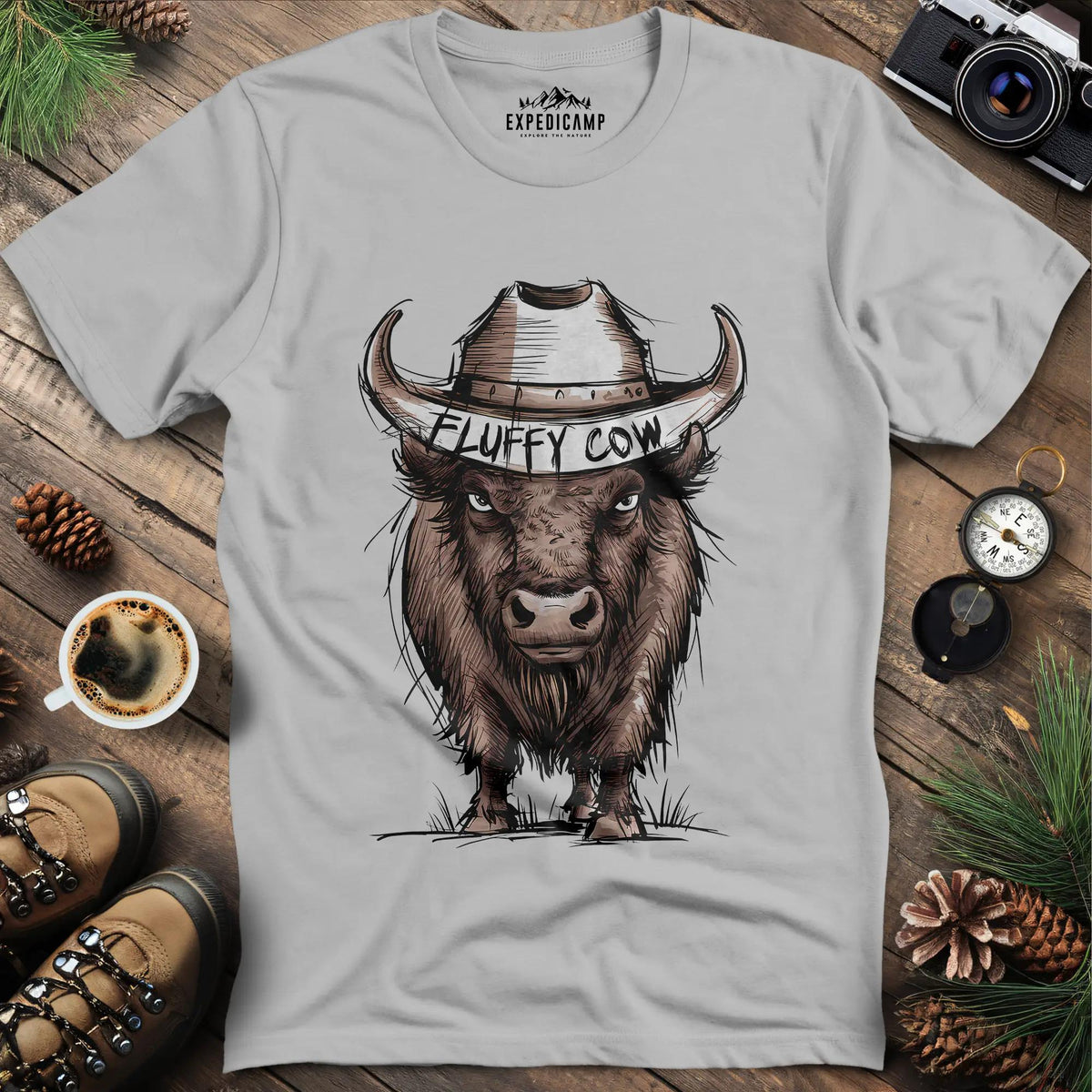 Fluffy Cow T-Shirt – Ice Grey – Outdoor apparel for travel, hiking, camping, and nature lovers – ExpediCamp