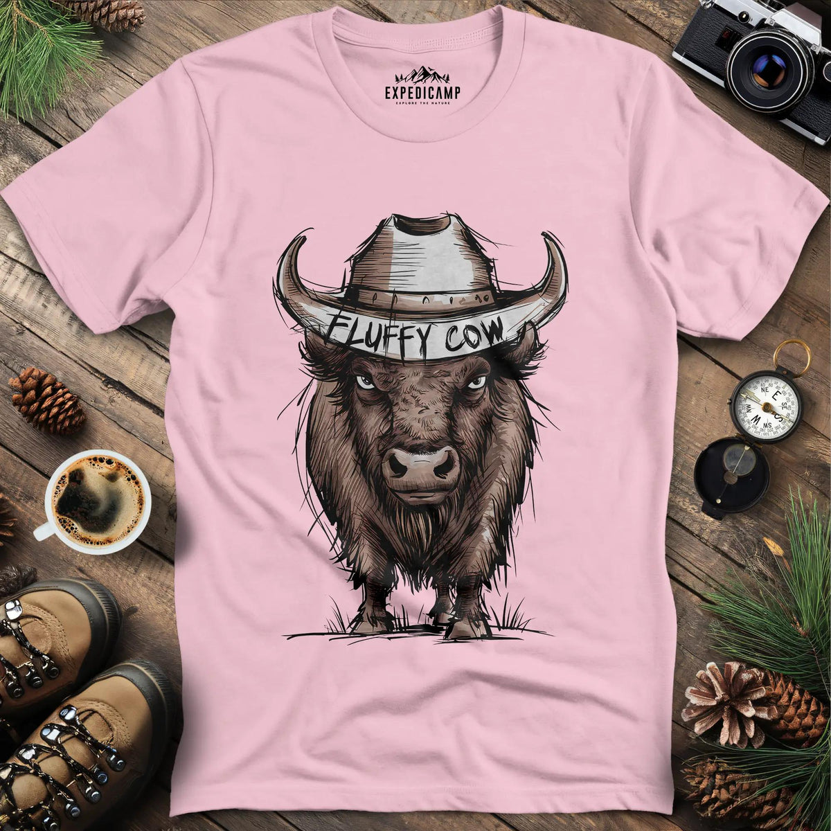 Fluffy Cow T-Shirt – Light Pink – Outdoor apparel for travel, hiking, camping, and nature lovers – ExpediCamp