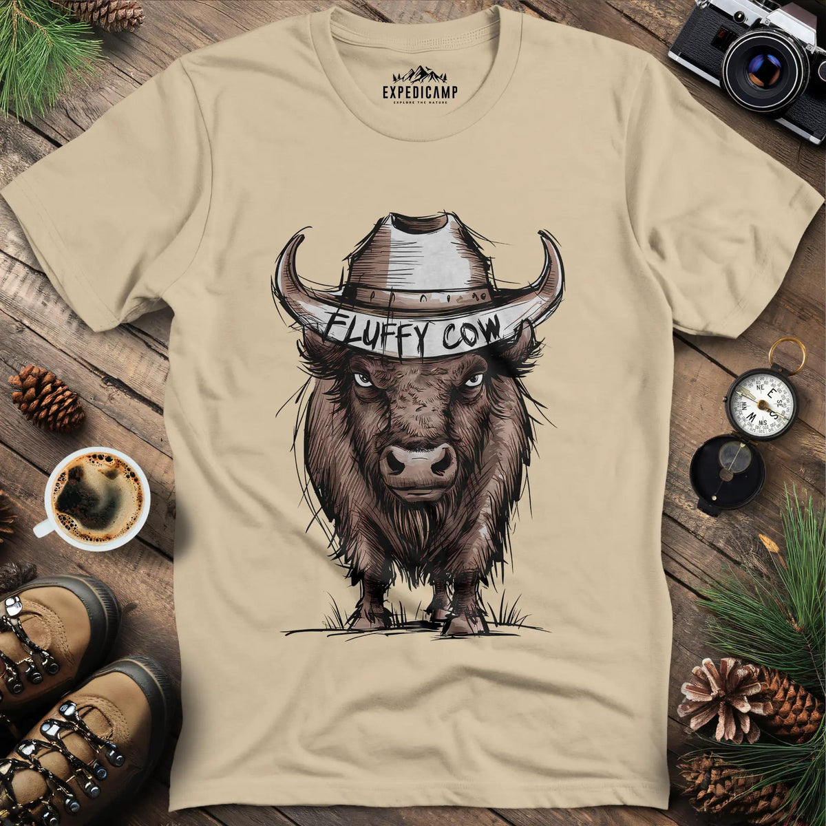 Fluffy Cow T-Shirt – Sand – Outdoor apparel for travel, hiking, camping, and nature lovers – ExpediCamp