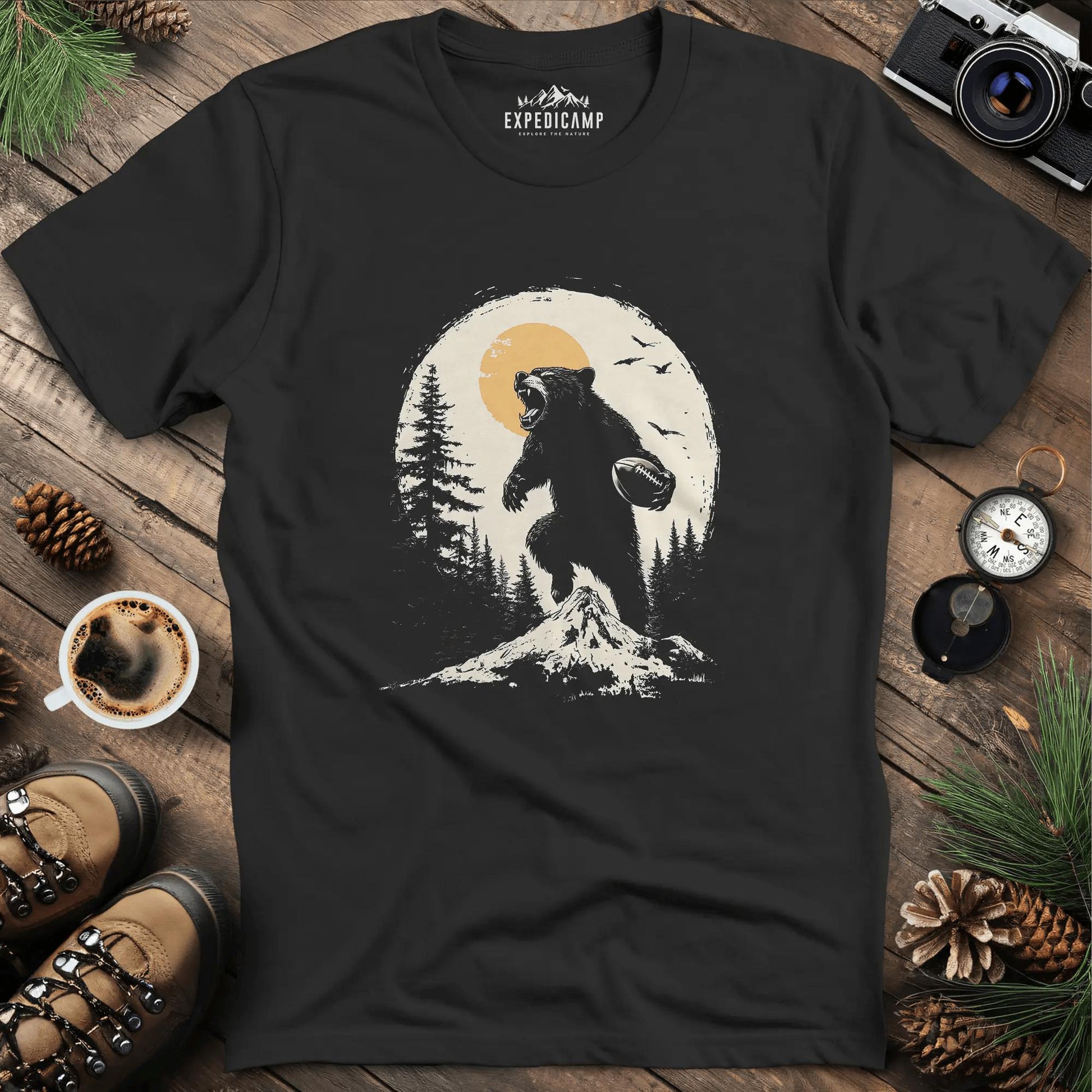Football Bear T-Shirt – Fierce Wilderness and Game Day Style – Black – Outdoor apparel for travel, hiking, camping, and nature lovers – ExpediCamp