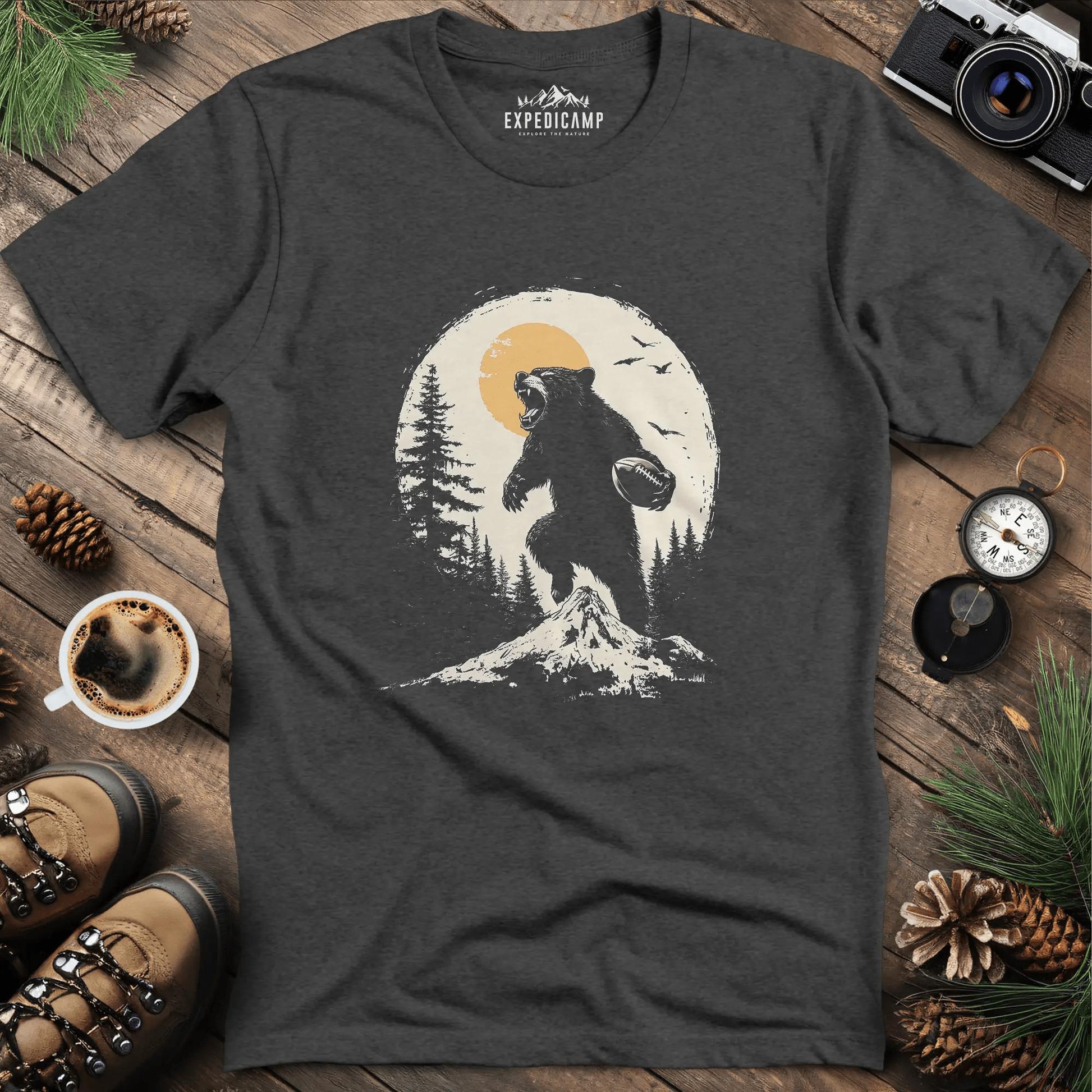 Football Bear T-Shirt – Fierce Wilderness and Game Day Style – Dark Heather – Outdoor apparel for travel, hiking, camping, and nature lovers – ExpediCamp