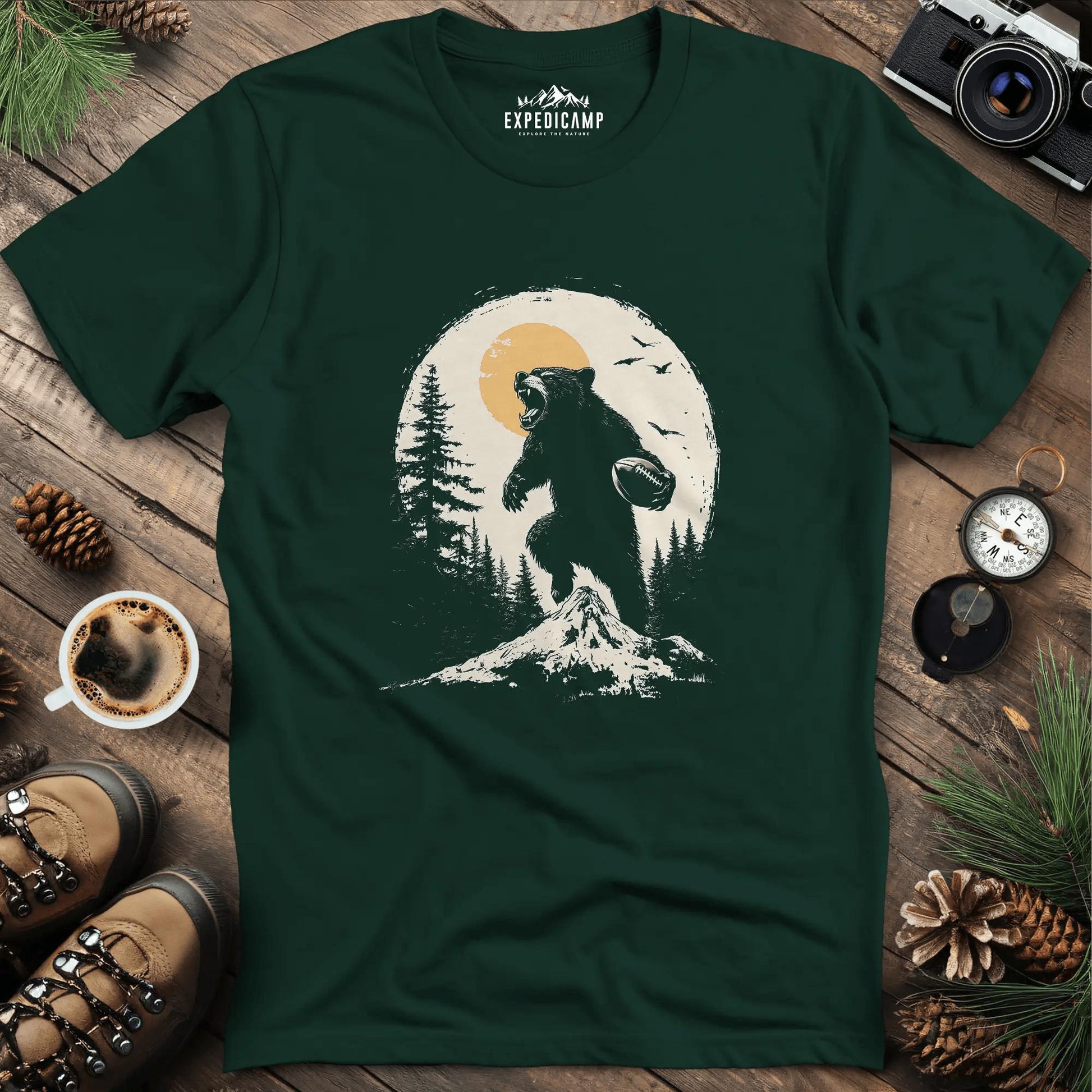 Football Bear T-Shirt – Fierce Wilderness and Game Day Style – Forest Green – Outdoor apparel for travel, hiking, camping, and nature lovers – ExpediCamp