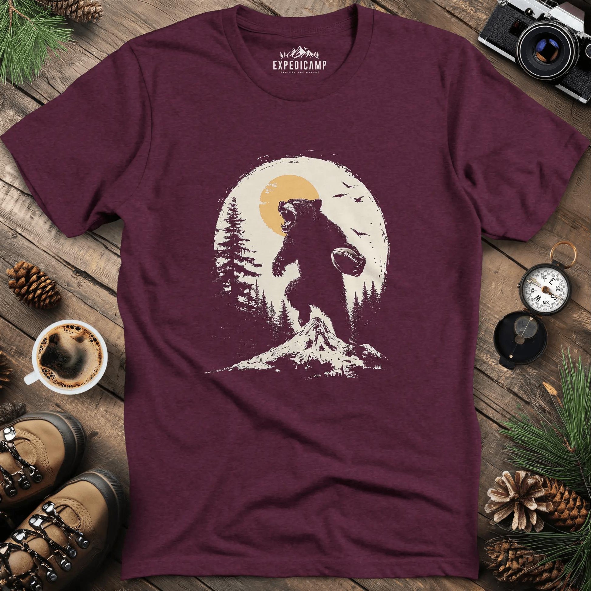 Football Bear T-Shirt – Fierce Wilderness and Game Day Style – Heather Maroon – Outdoor apparel for travel, hiking, camping, and nature lovers – ExpediCamp