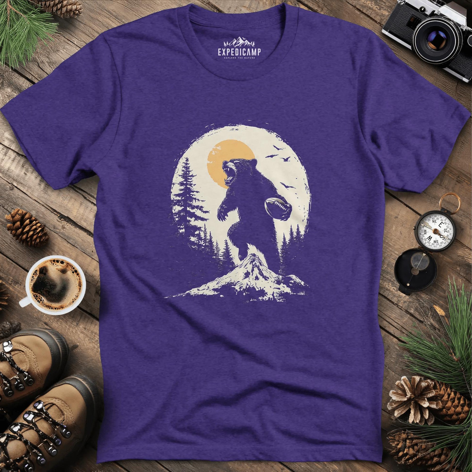 Football Bear T-Shirt – Fierce Wilderness and Game Day Style – Heather Purple – Outdoor apparel for travel, hiking, camping, and nature lovers – ExpediCamp