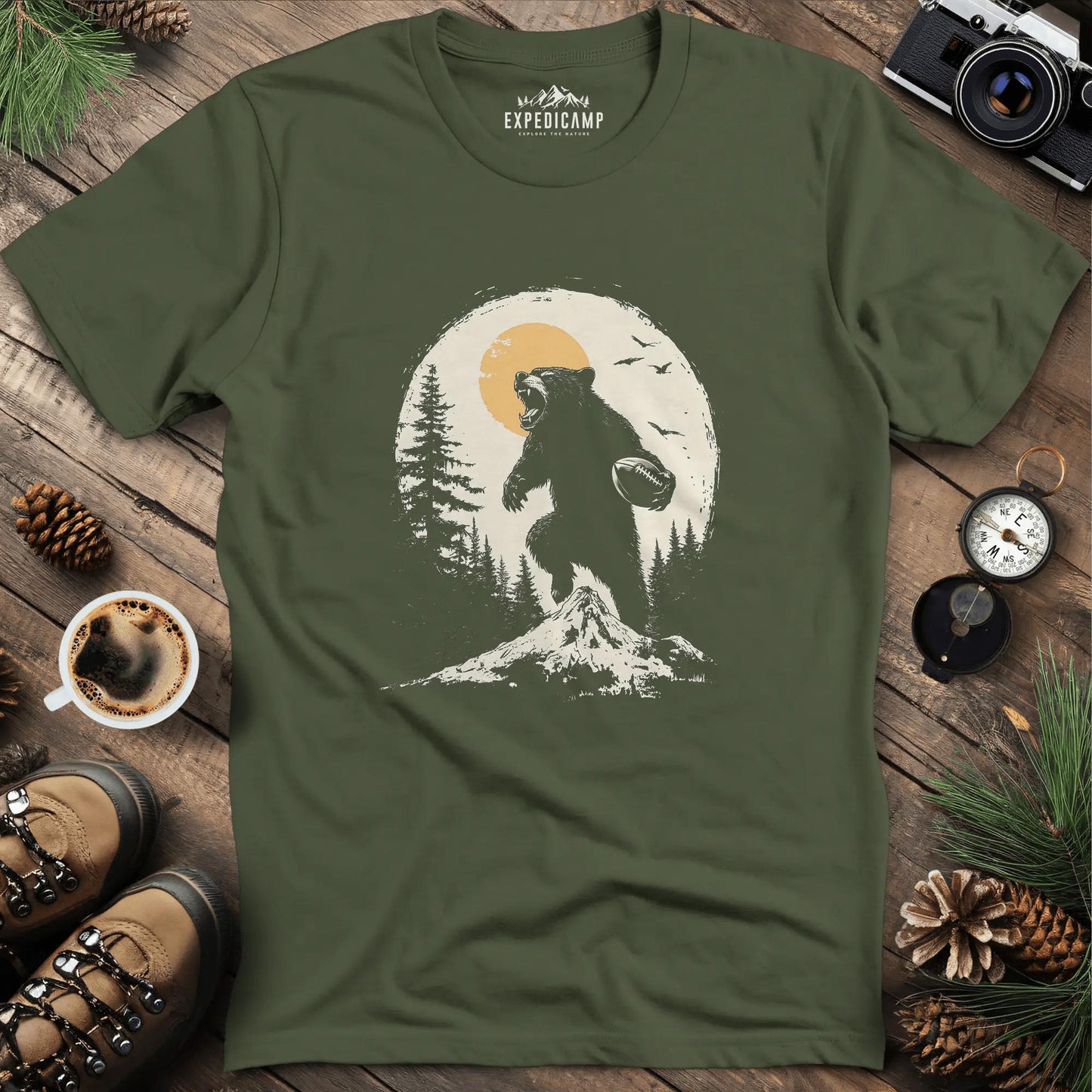 Football Bear T-Shirt – Fierce Wilderness and Game Day Style – Military Green – Outdoor apparel for travel, hiking, camping, and nature lovers – ExpediCamp