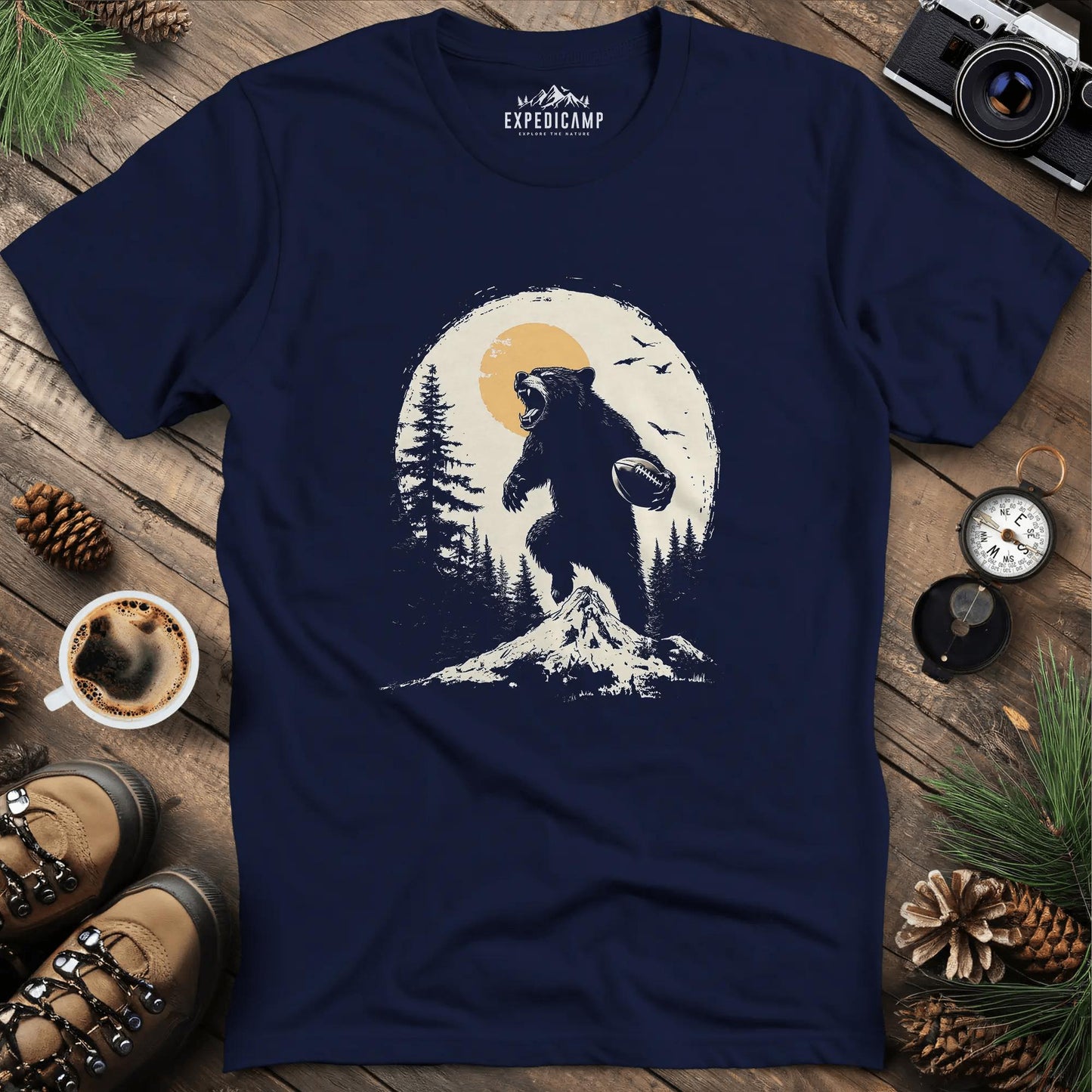 Football Bear T-Shirt – Fierce Wilderness and Game Day Style – Navy – Outdoor apparel for travel, hiking, camping, and nature lovers – ExpediCamp