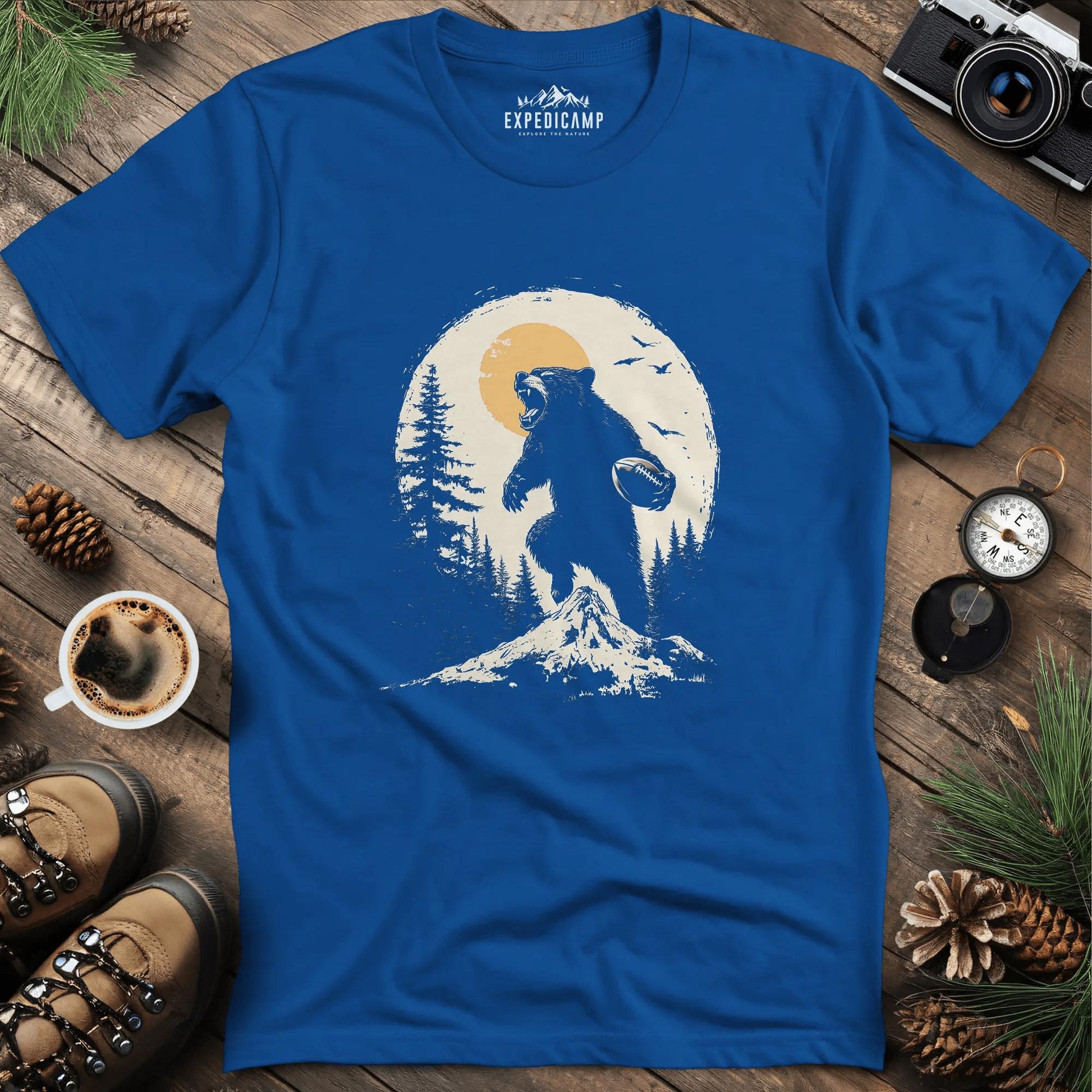 Football Bear T-Shirt – Fierce Wilderness and Game Day Style – Royal – Outdoor apparel for travel, hiking, camping, and nature lovers – ExpediCamp