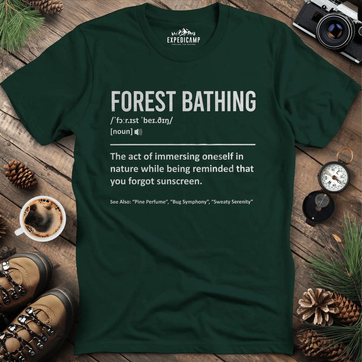 Forest Bathing Definition T-Shirt – Forest Green – Outdoor apparel for travel, hiking, camping, and nature lovers – ExpediCamp