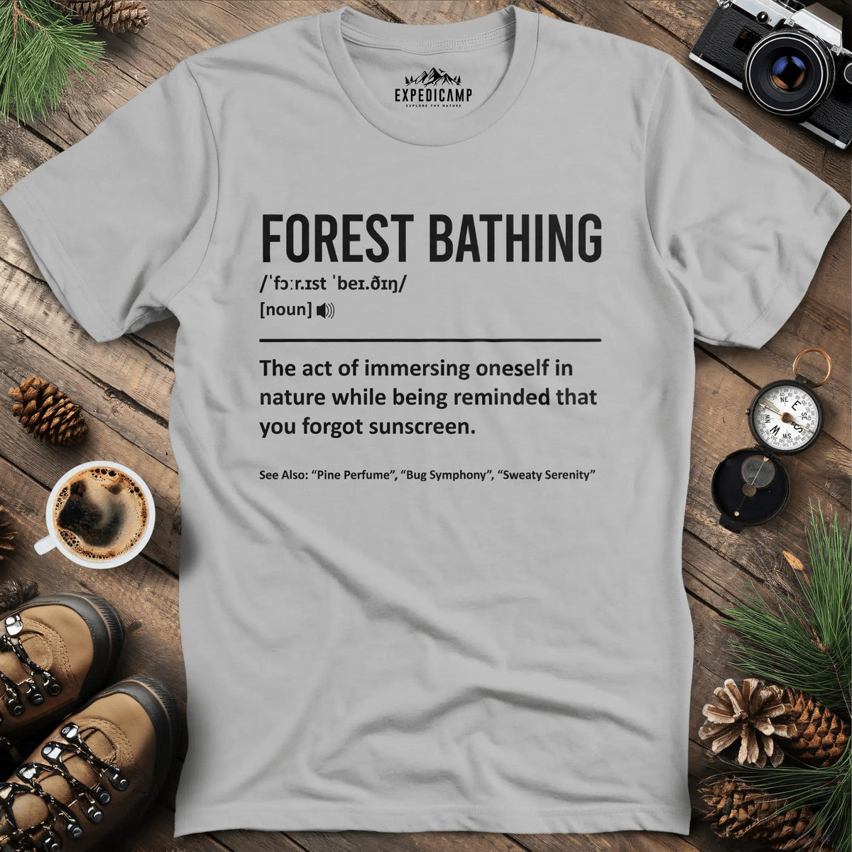 Forest Bathing Definition T-Shirt – Ice Grey – Outdoor apparel for travel, hiking, camping, and nature lovers – ExpediCamp