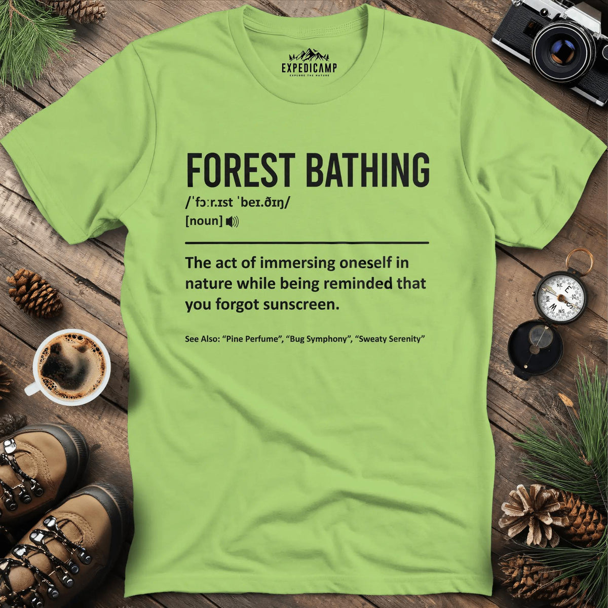 Forest Bathing Definition T-Shirt – Kiwi – Outdoor apparel for travel, hiking, camping, and nature lovers – ExpediCamp