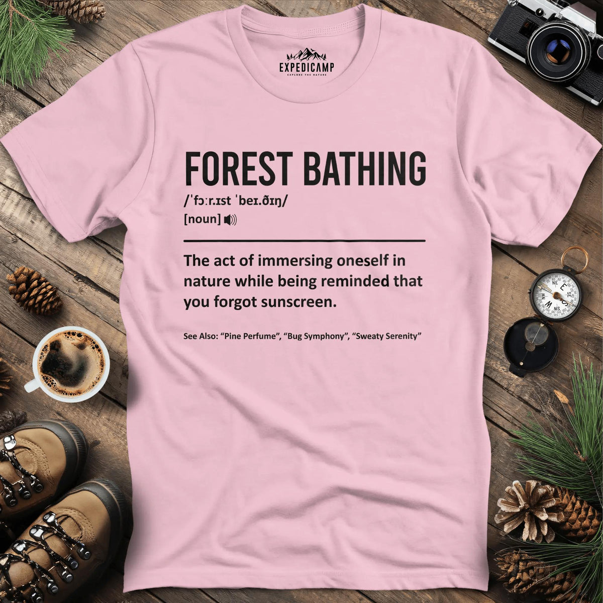 Forest Bathing Definition T-Shirt – Light Pink – Outdoor apparel for travel, hiking, camping, and nature lovers – ExpediCamp