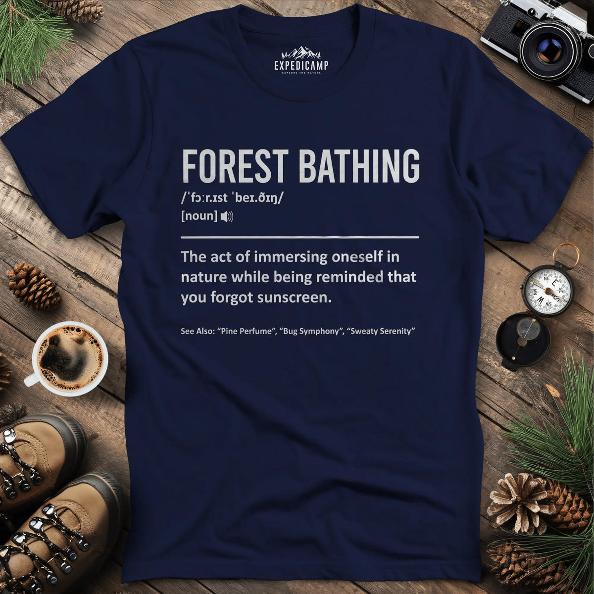Forest Bathing Definition T-Shirt – Navy – Outdoor apparel for travel, hiking, camping, and nature lovers – ExpediCamp