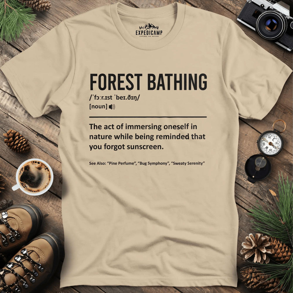 Forest Bathing Definition T-Shirt – Sand – Outdoor apparel for travel, hiking, camping, and nature lovers – ExpediCamp