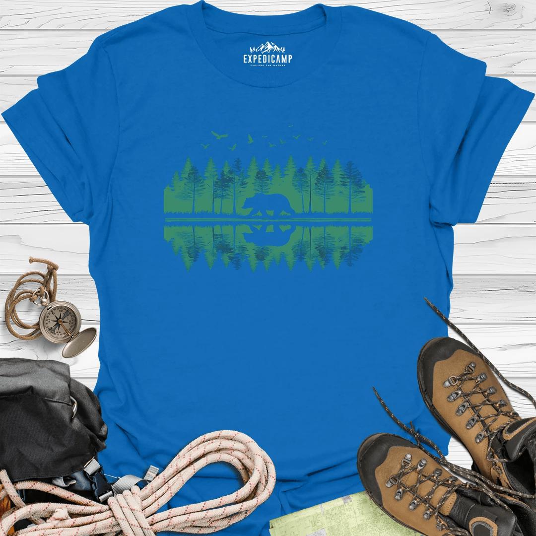 Forest Bear Trees Mirror View T-Shirt – Royal – Outdoor apparel for travel, hiking, camping, and nature lovers – ExpediCamp