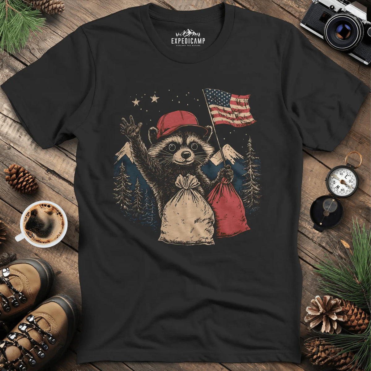 Forest Patriot Fred T-Shirt - Honoring Our Wildlife Heroes – Black – Outdoor apparel for travel, hiking, camping, and nature lovers – ExpediCamp