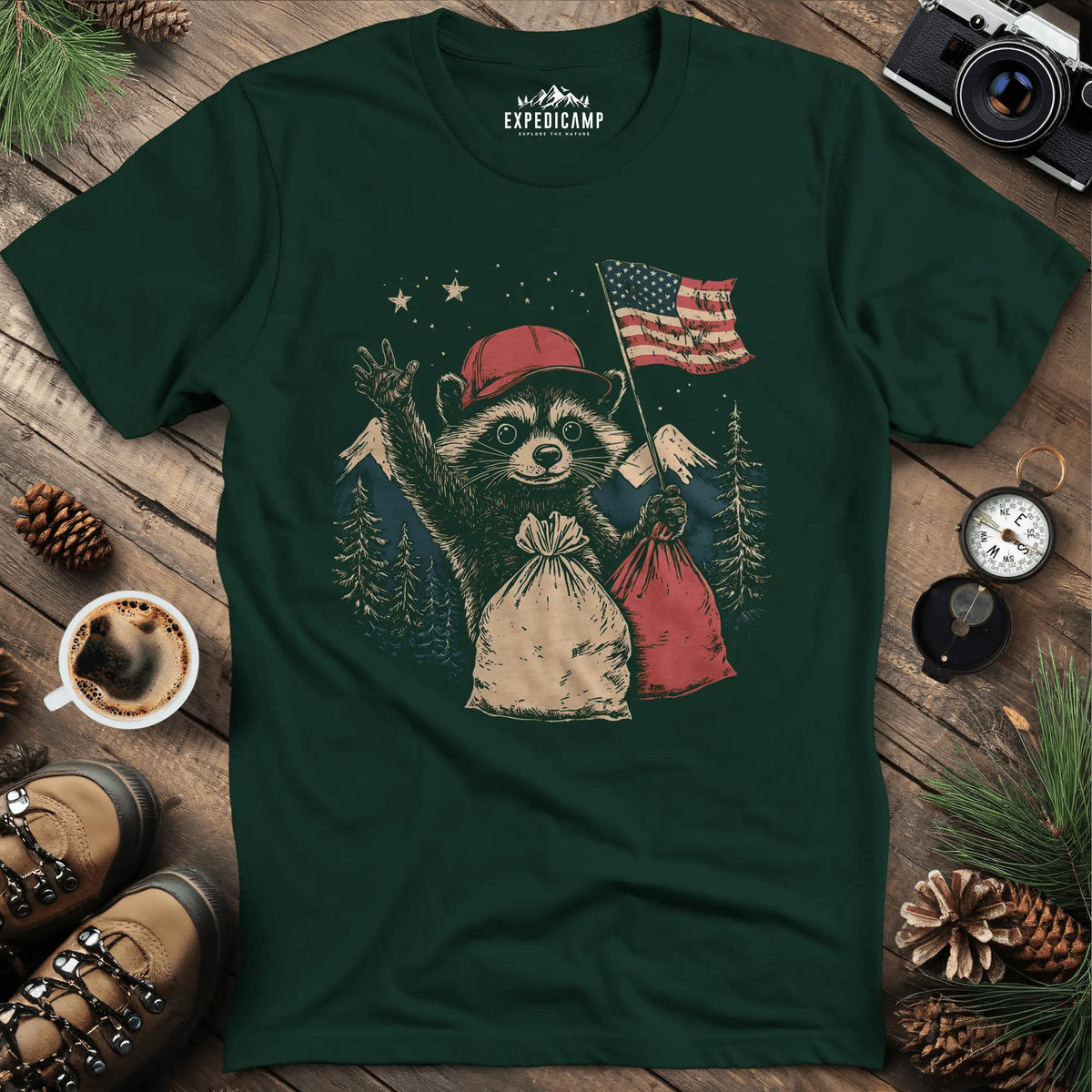 Forest Patriot Fred T-Shirt - Honoring Our Wildlife Heroes – Forest Green – Outdoor apparel for travel, hiking, camping, and nature lovers – ExpediCamp