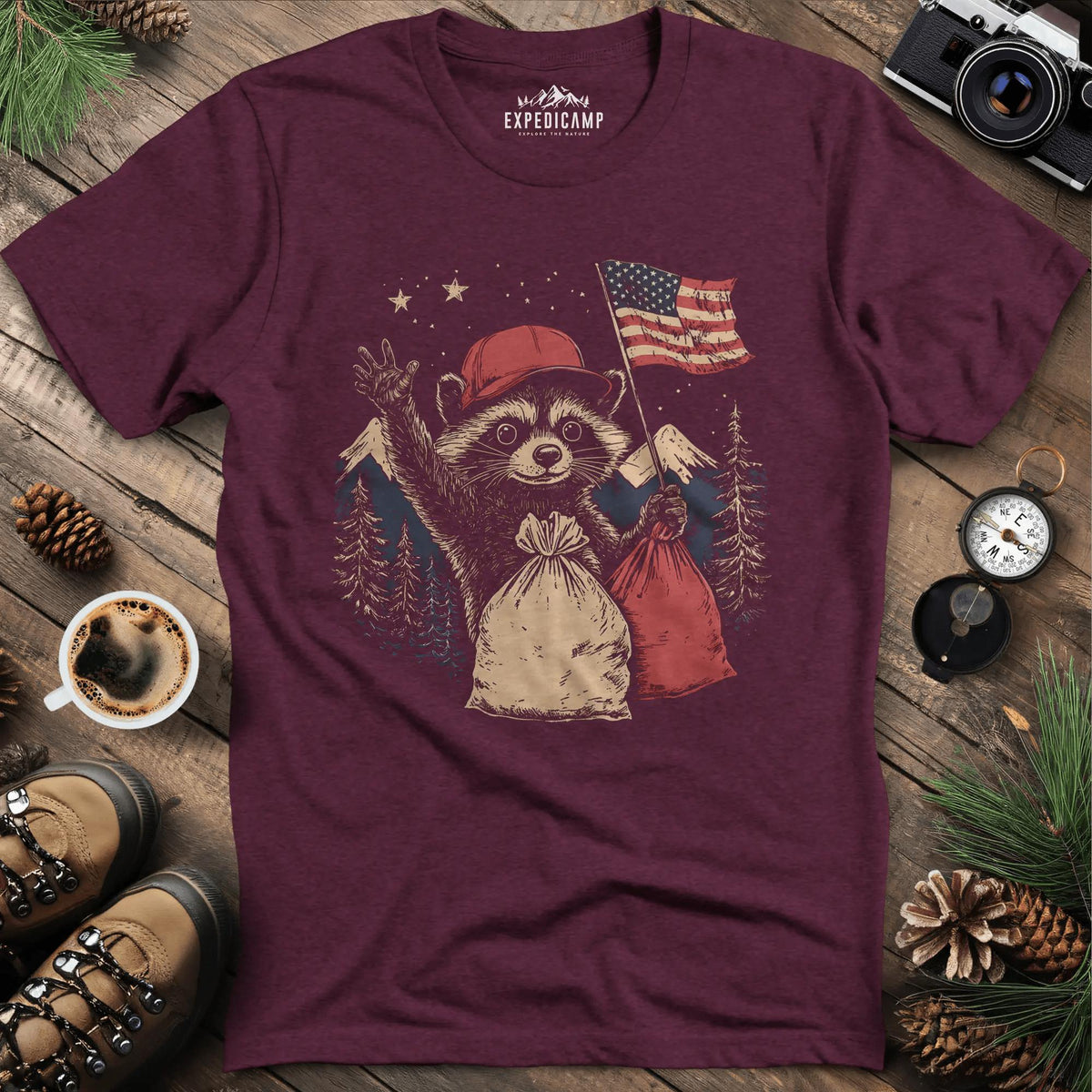 Forest Patriot Fred T-Shirt - Honoring Our Wildlife Heroes – Heather Maroon – Outdoor apparel for travel, hiking, camping, and nature lovers – ExpediCamp
