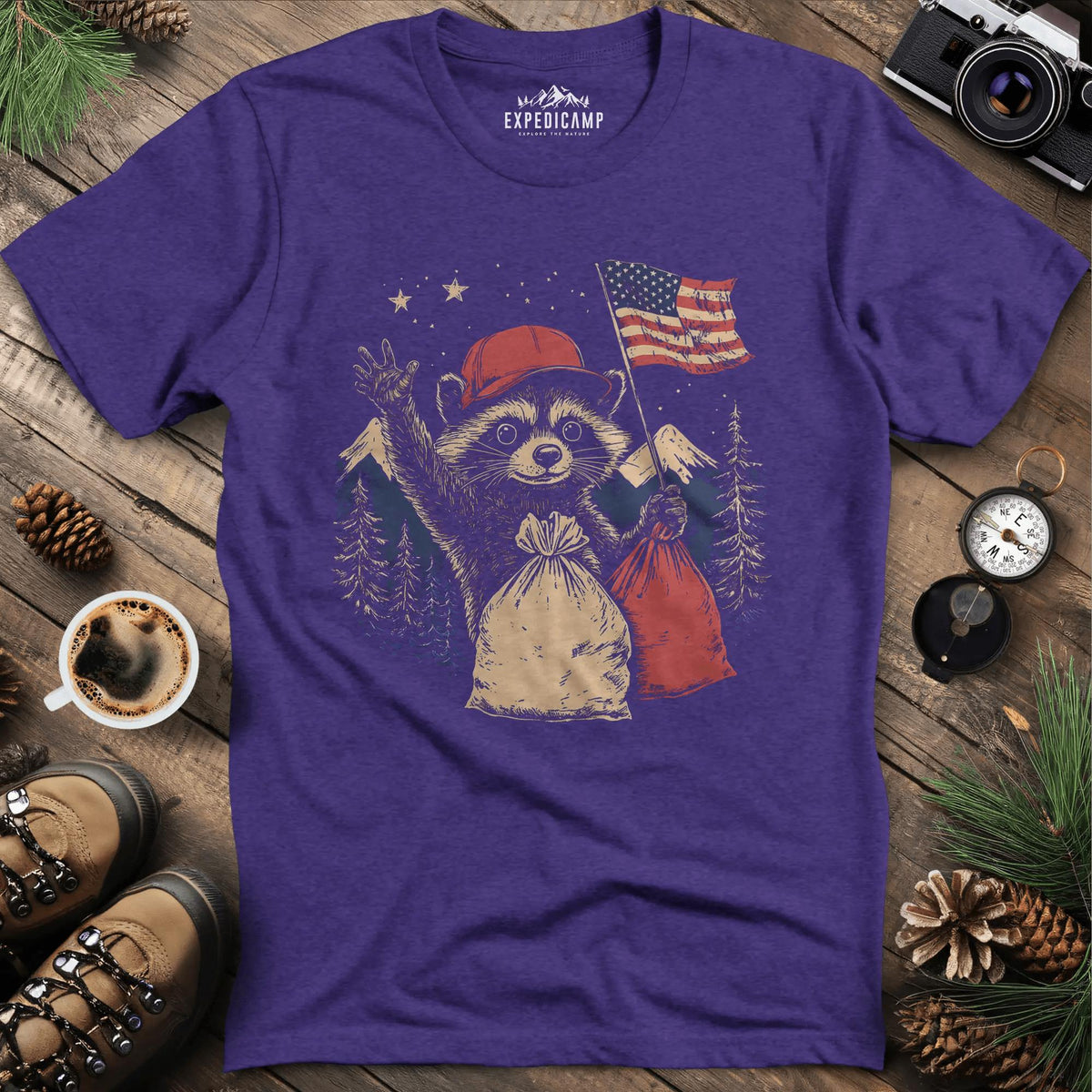 Forest Patriot Fred T-Shirt - Honoring Our Wildlife Heroes – Heather Purple – Outdoor apparel for travel, hiking, camping, and nature lovers – ExpediCamp