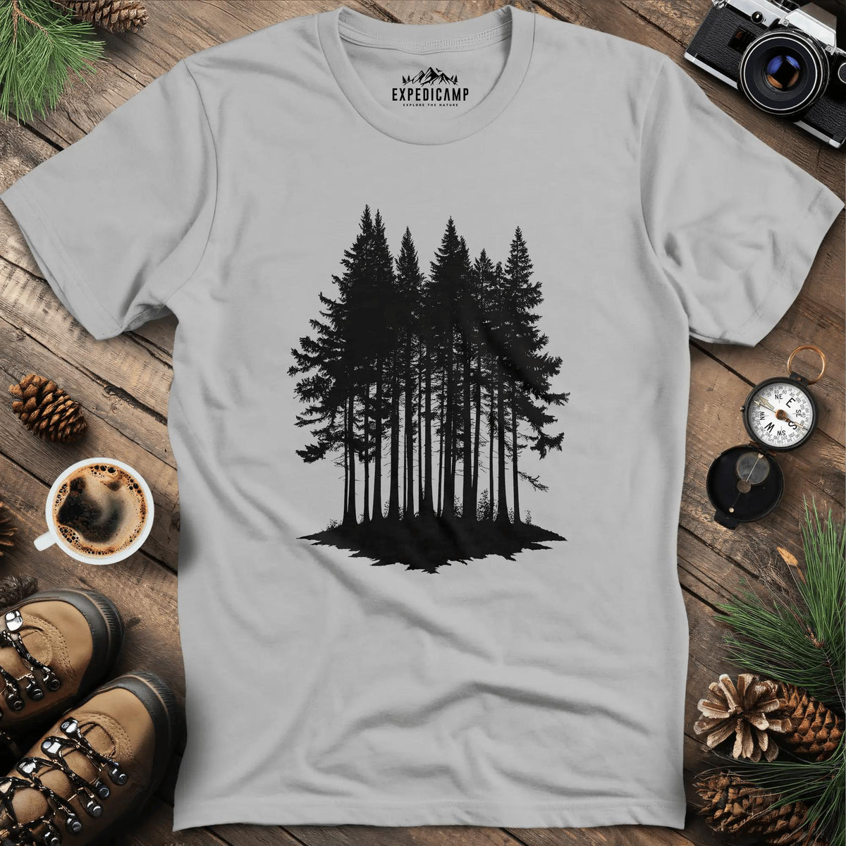 Forest Silhouette T-Shirt – Ice Grey – Outdoor apparel for travel, hiking, camping, and nature lovers – ExpediCamp