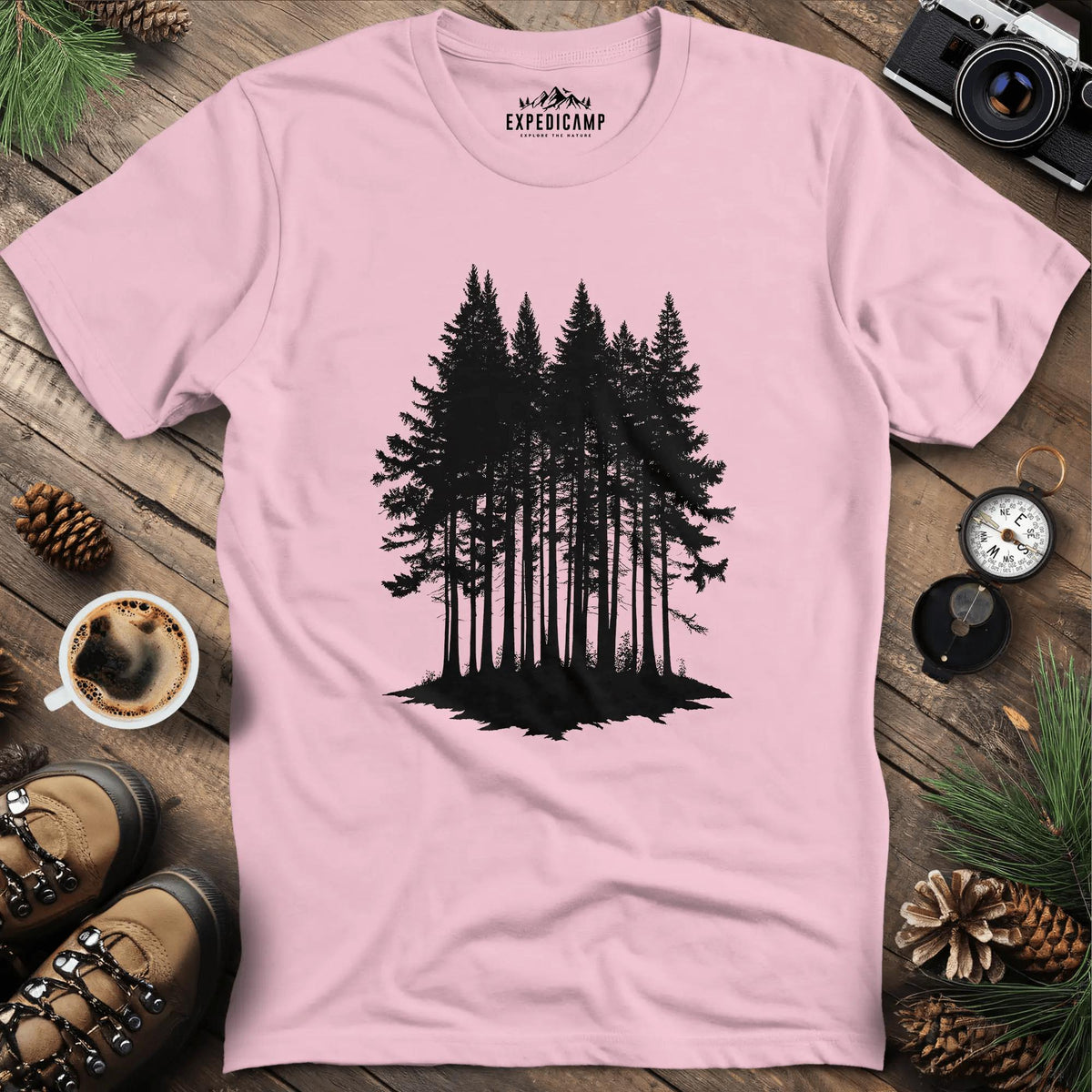 Forest Silhouette T-Shirt – Light Pink – Outdoor apparel for travel, hiking, camping, and nature lovers – ExpediCamp