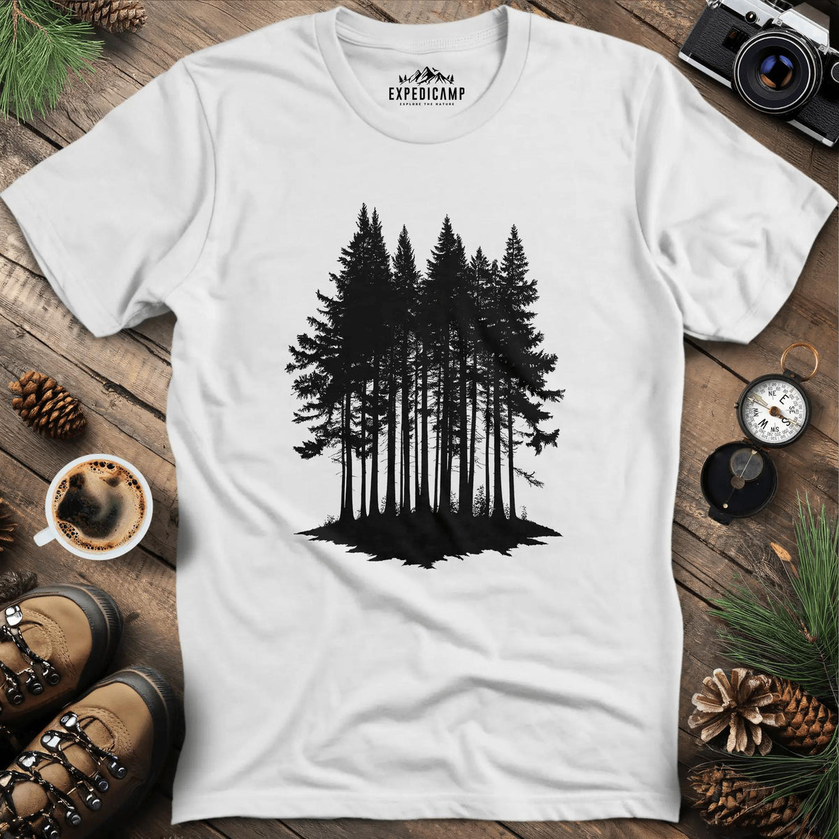 Forest Silhouette T-Shirt – White – Outdoor apparel for travel, hiking, camping, and nature lovers – ExpediCamp