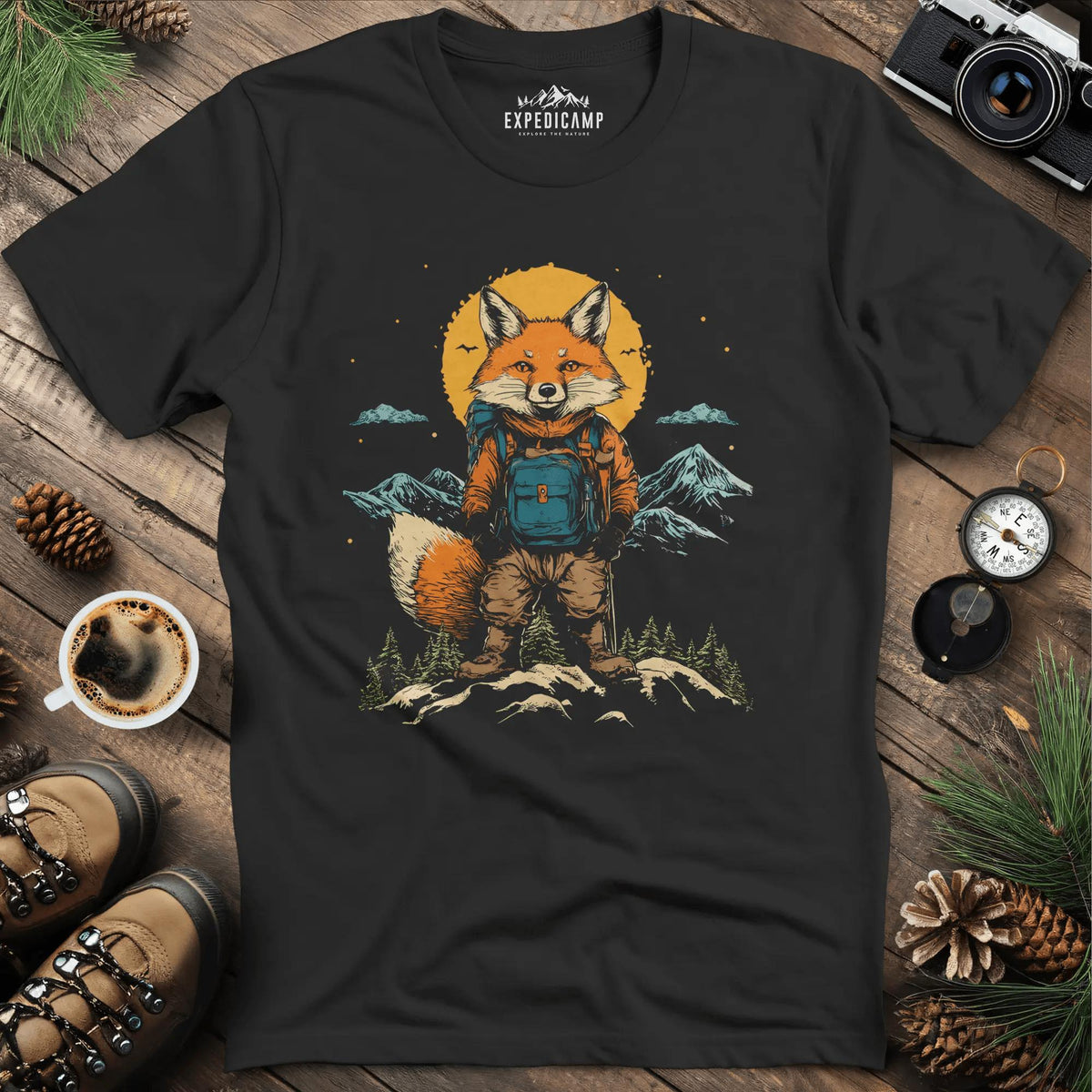 Fox Cub Hiker T-Shirt – Little Adventurer – Black – Outdoor apparel for travel, hiking, camping, and nature lovers – ExpediCamp