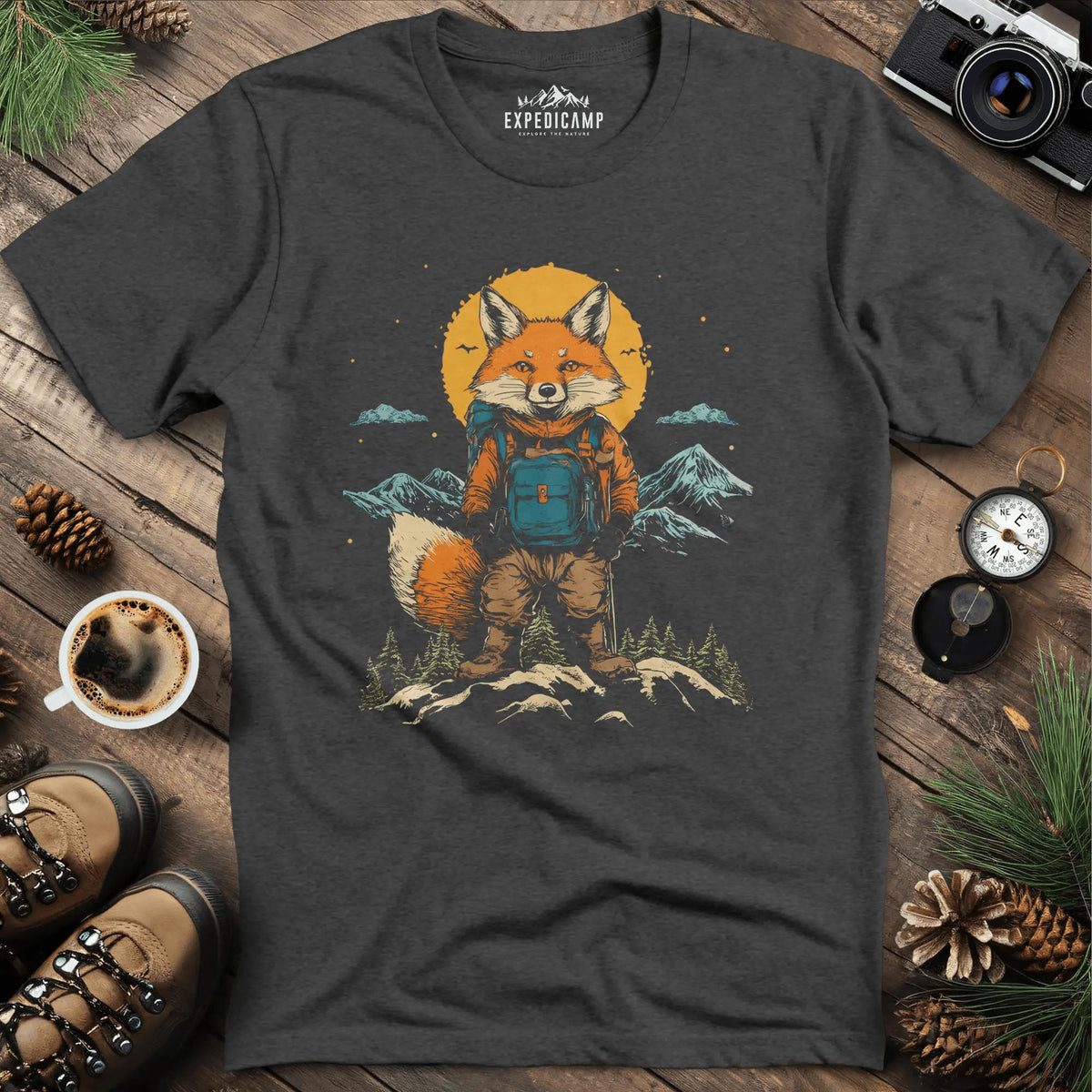 Fox Cub Hiker T-Shirt – Little Adventurer – Dark Heather – Outdoor apparel for travel, hiking, camping, and nature lovers – ExpediCamp