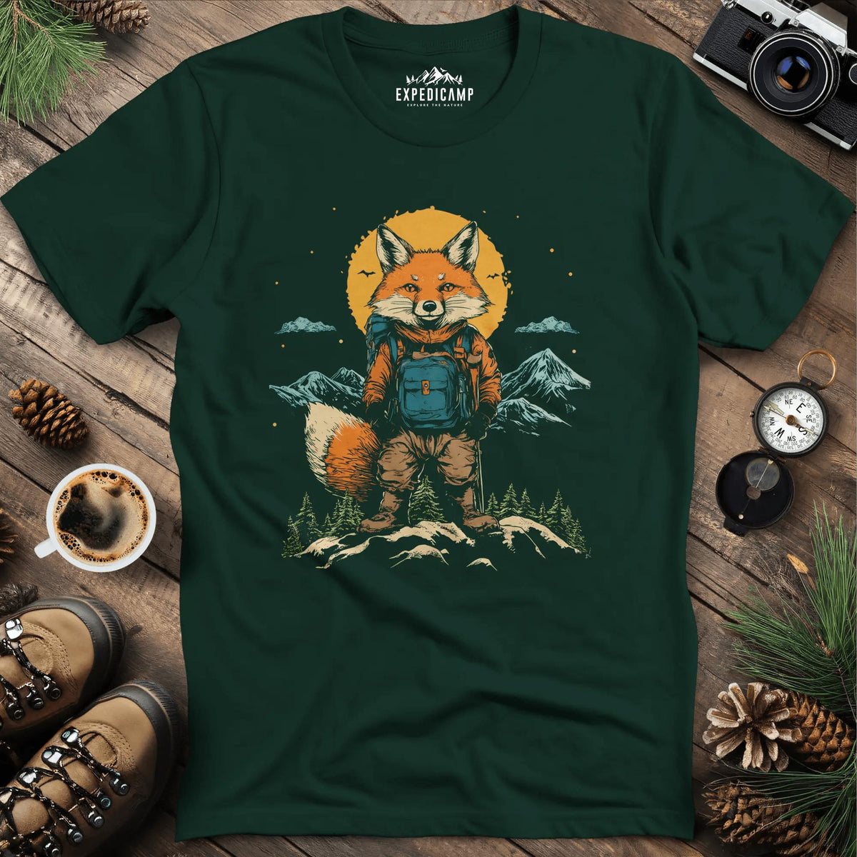 Fox Cub Hiker T-Shirt – Little Adventurer – Forest Green – Outdoor apparel for travel, hiking, camping, and nature lovers – ExpediCamp