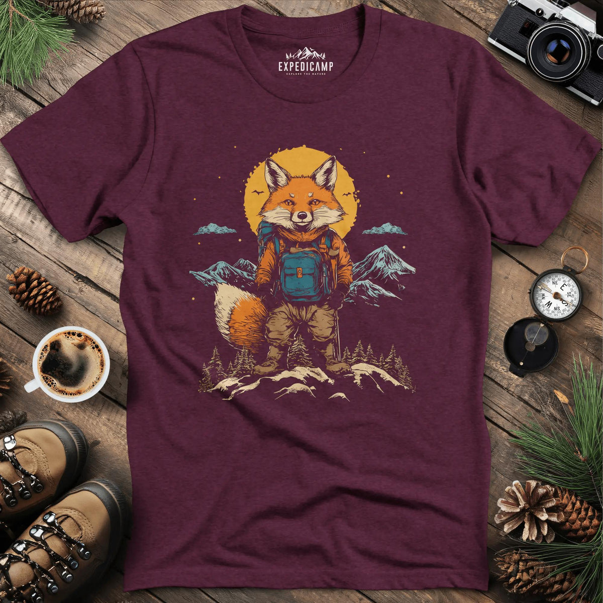 Fox Cub Hiker T-Shirt – Little Adventurer – Heather Maroon – Outdoor apparel for travel, hiking, camping, and nature lovers – ExpediCamp