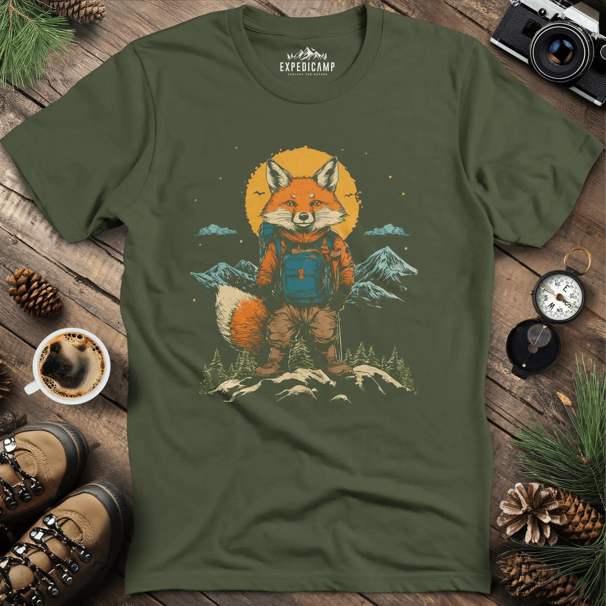 Fox Cub Hiker T-Shirt – Little Adventurer – Military Green – Outdoor apparel for travel, hiking, camping, and nature lovers – ExpediCamp