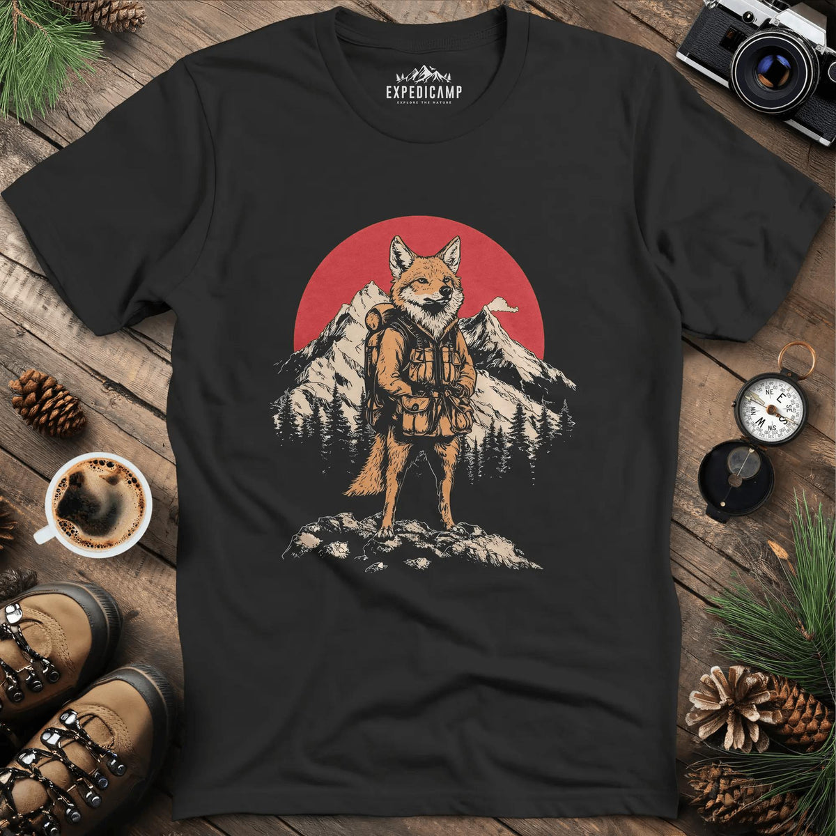 Fox Hiker T-Shirt – Clever Explorer – Black – Outdoor apparel for travel, hiking, camping, and nature lovers – ExpediCamp