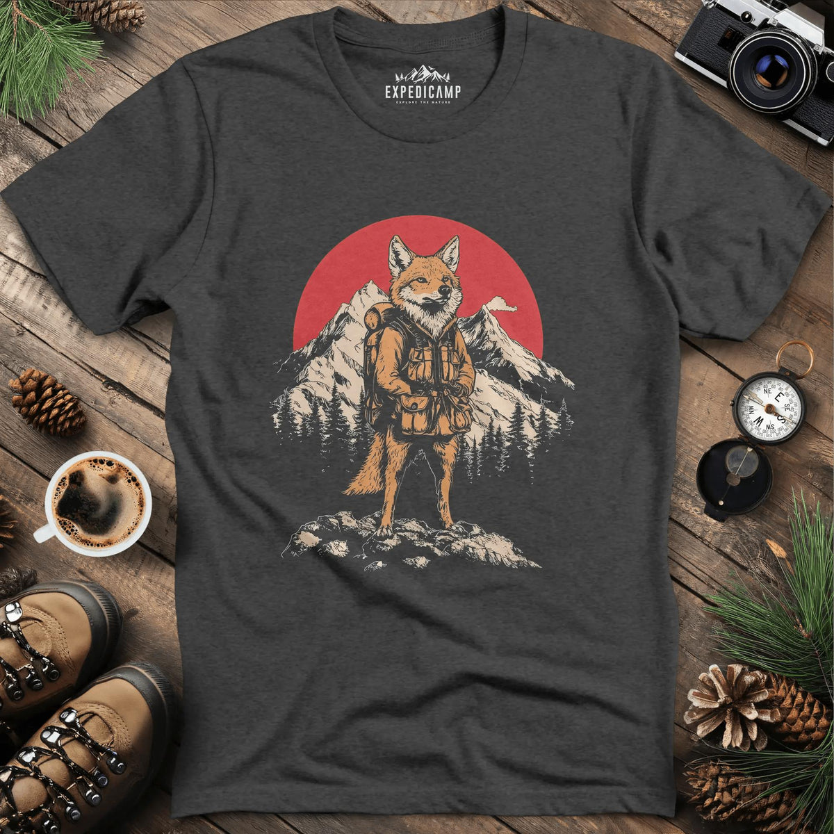 Fox Hiker T-Shirt – Clever Explorer – Dark Heather – Outdoor apparel for travel, hiking, camping, and nature lovers – ExpediCamp