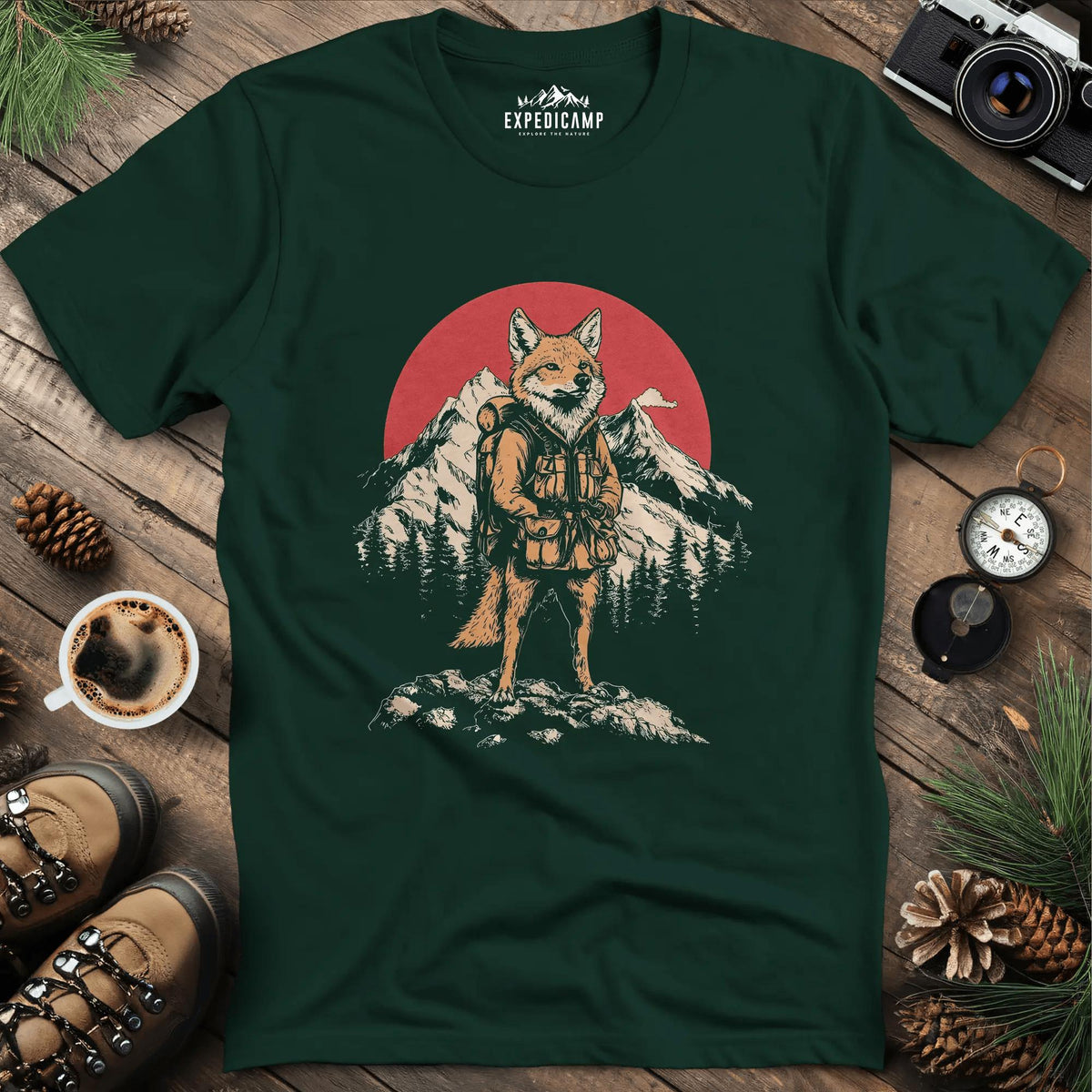 Fox Hiker T-Shirt – Clever Explorer – Forest Green – Outdoor apparel for travel, hiking, camping, and nature lovers – ExpediCamp