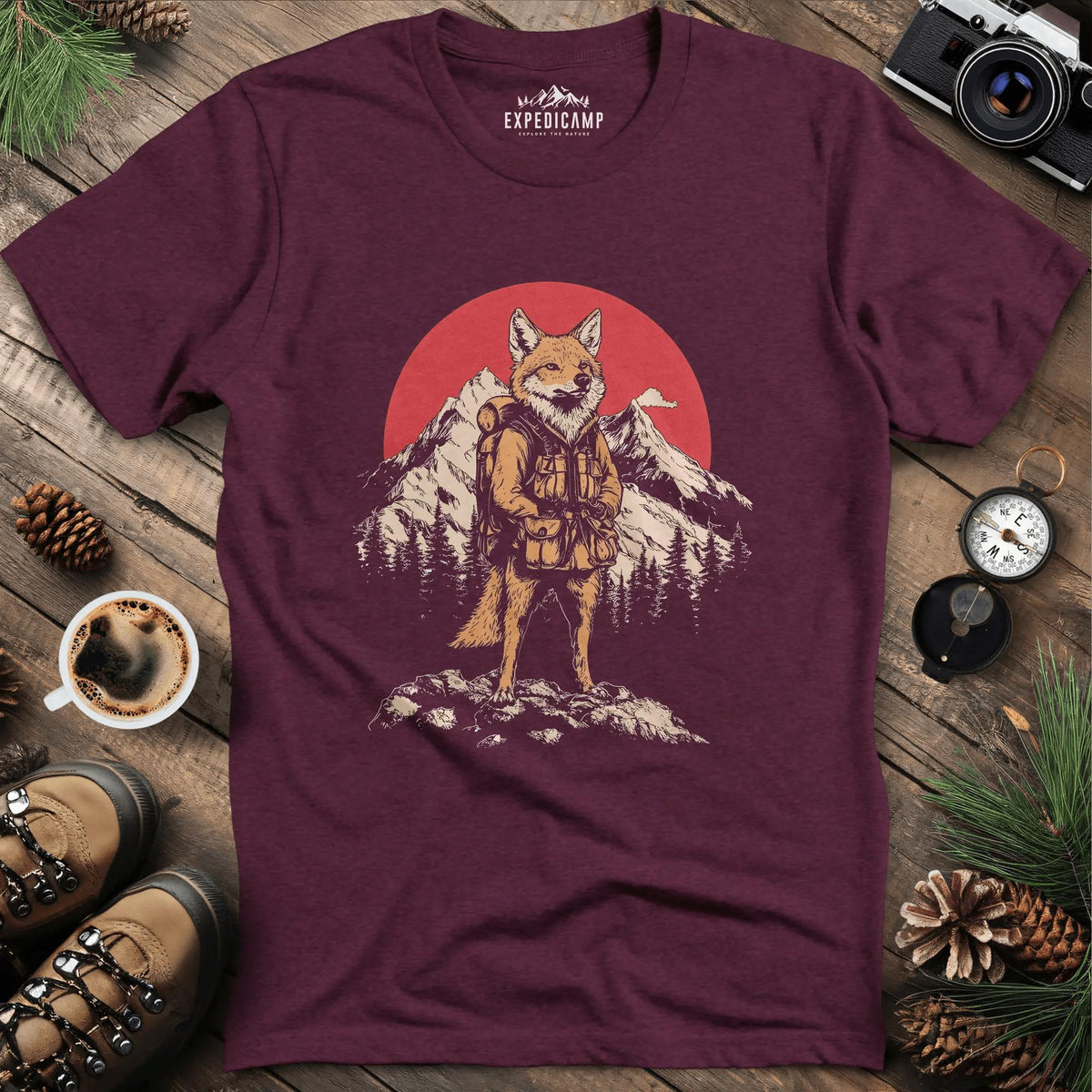 Fox Hiker T-Shirt – Clever Explorer – Heather Maroon – Outdoor apparel for travel, hiking, camping, and nature lovers – ExpediCamp
